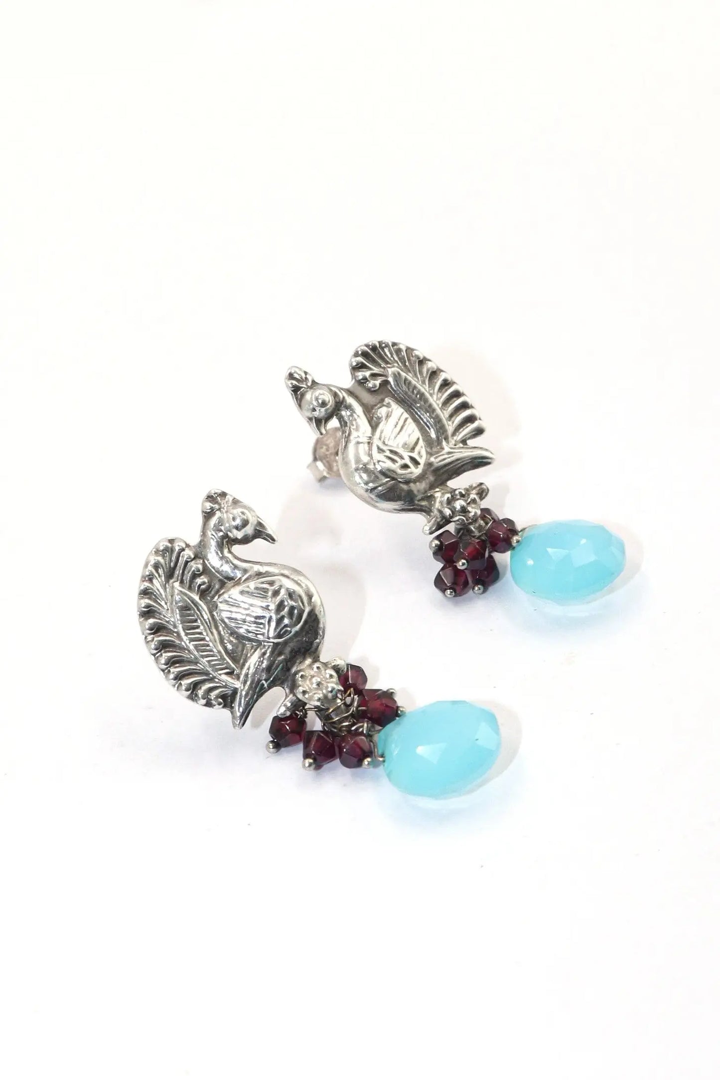 Peacock Style Earrings with Garnet and  Blue Chalcedony Gemstones Studs Jewelry VJewels