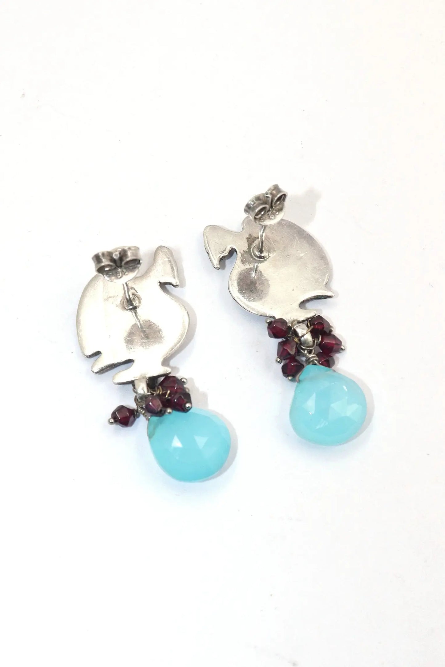 Peacock Style Earrings with Garnet and  Blue Chalcedony Gemstones Studs Jewelry VJewels