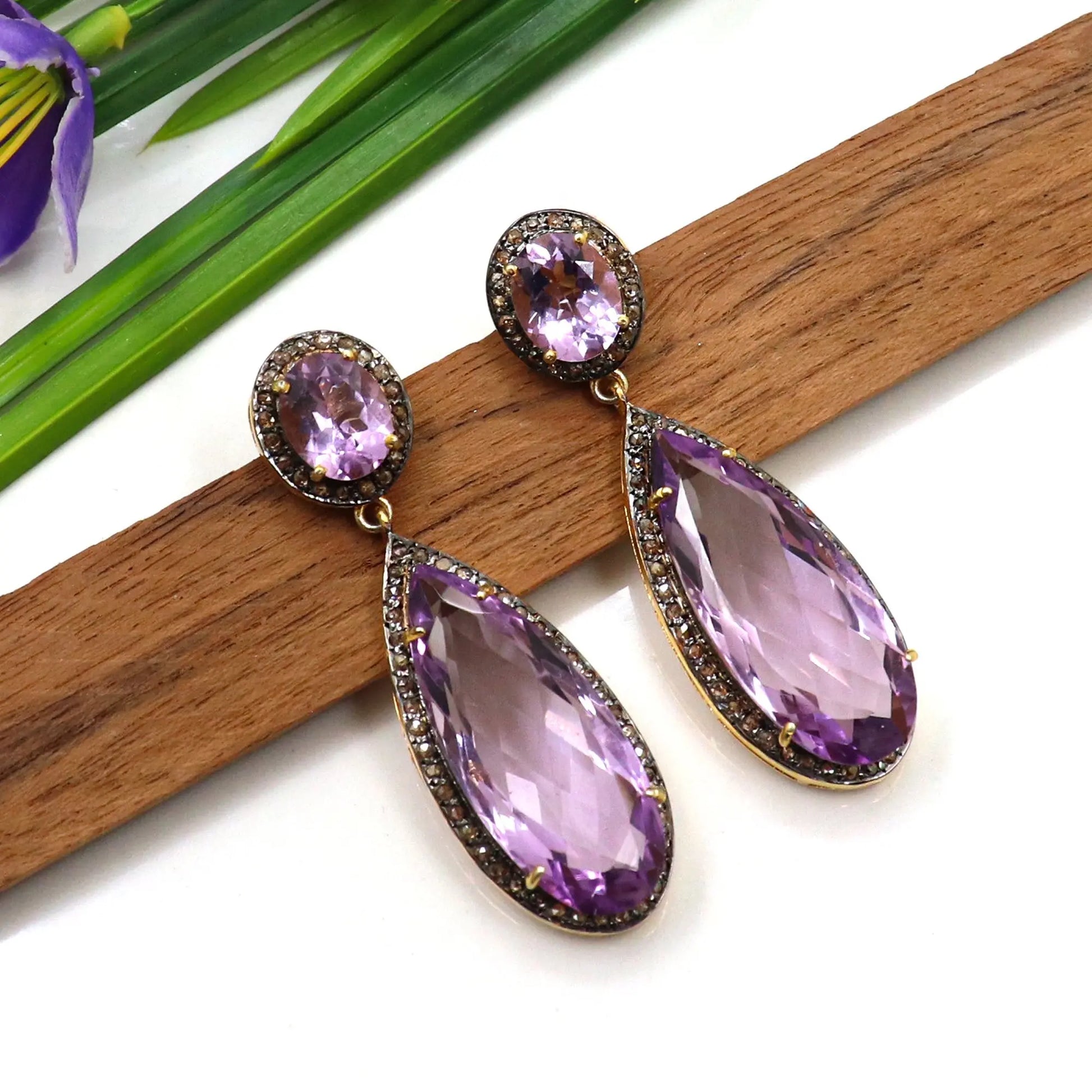 Purple Amethyst Gemstone With Diamond Dazzling Stud Earring Jewelry VJewels