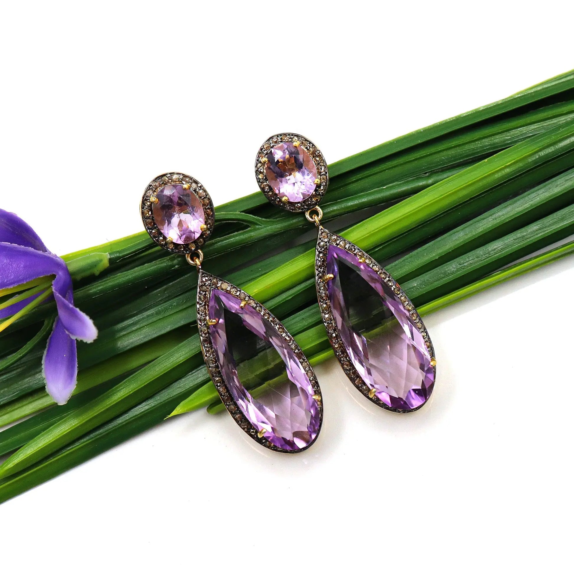 Purple Amethyst Gemstone With Diamond Dazzling Stud Earring Jewelry VJewels