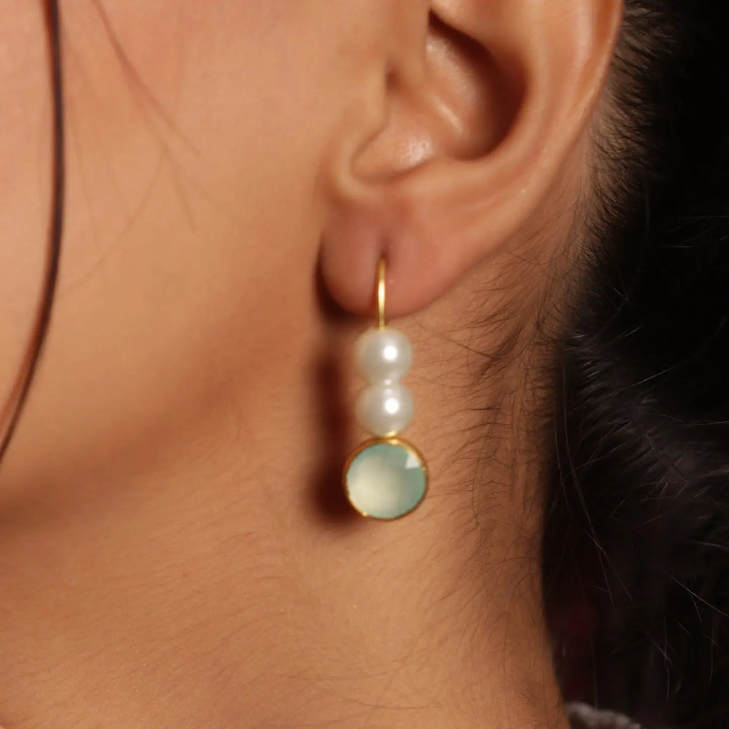 Radiant Aquamarine & Fresh Pearl Gold Plated Hoop Earrings Jewelry VJewels