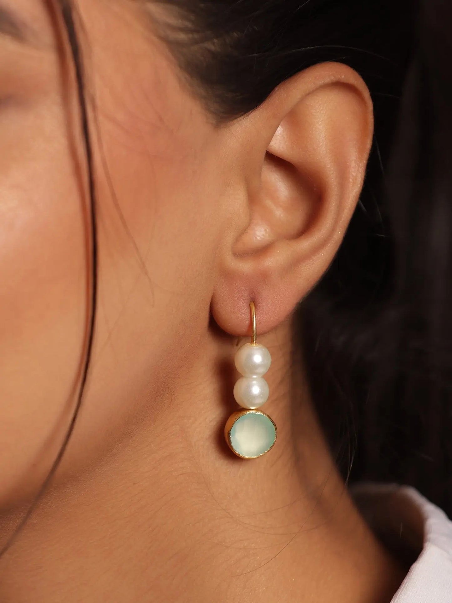 Radiant Aquamarine & Fresh Pearl Gold Plated Hoop Earrings Jewelry VJewels