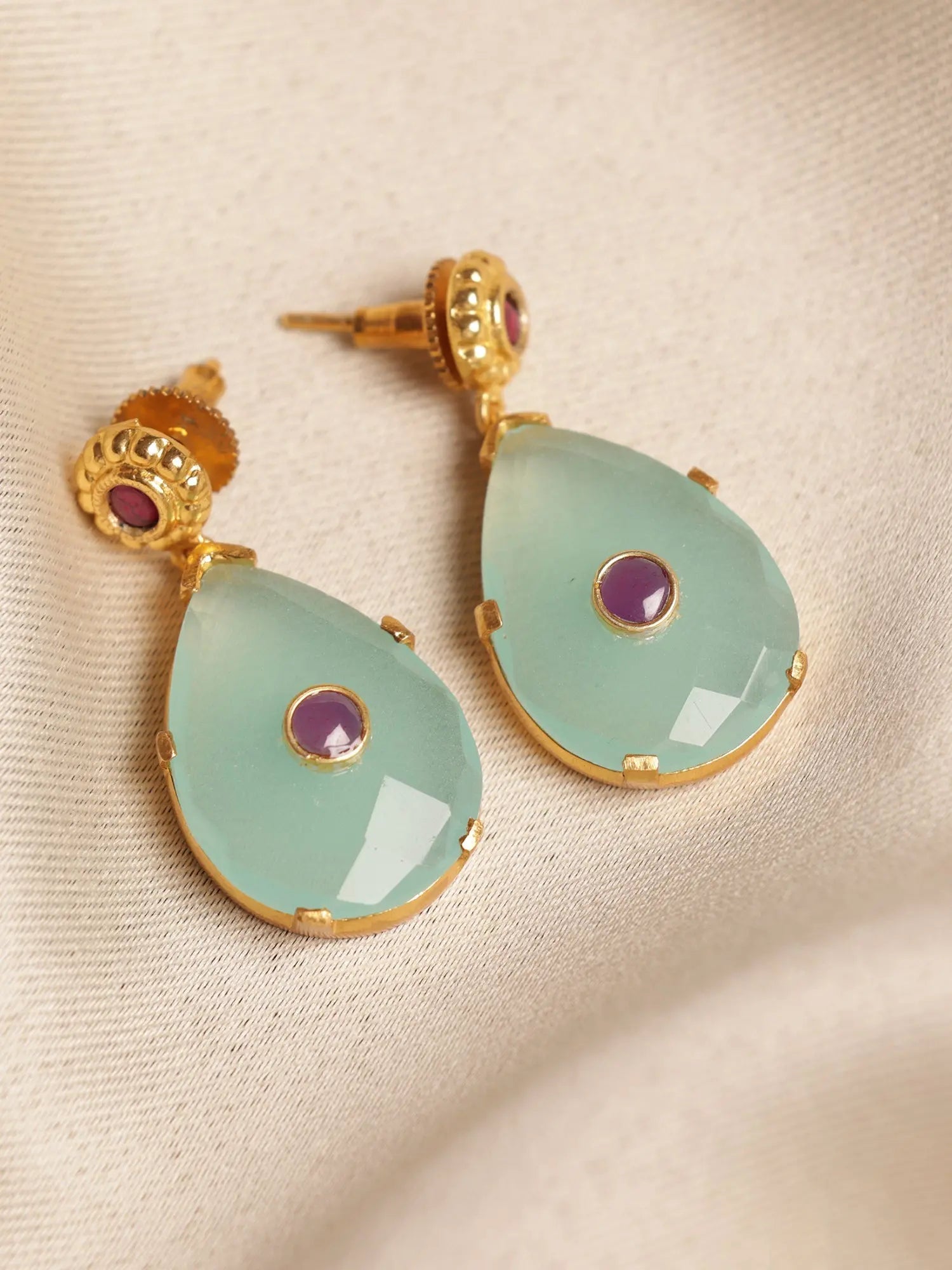 Radiant Mint Green Chalcedony Gold Plated Long Stud Earrings Jewelry VJewels