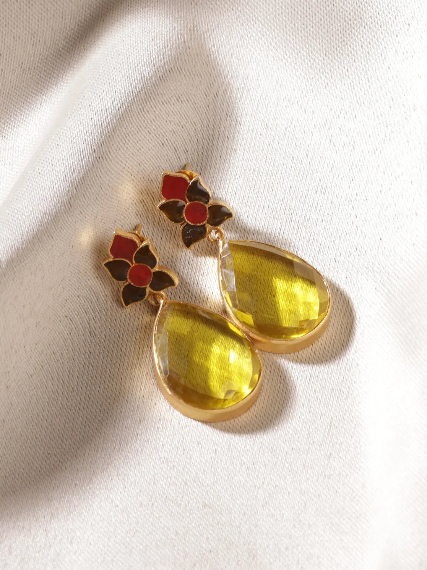 Rare Yellow Quartz Minakari Gold Plated Stud Earrings Jewelry VJewels