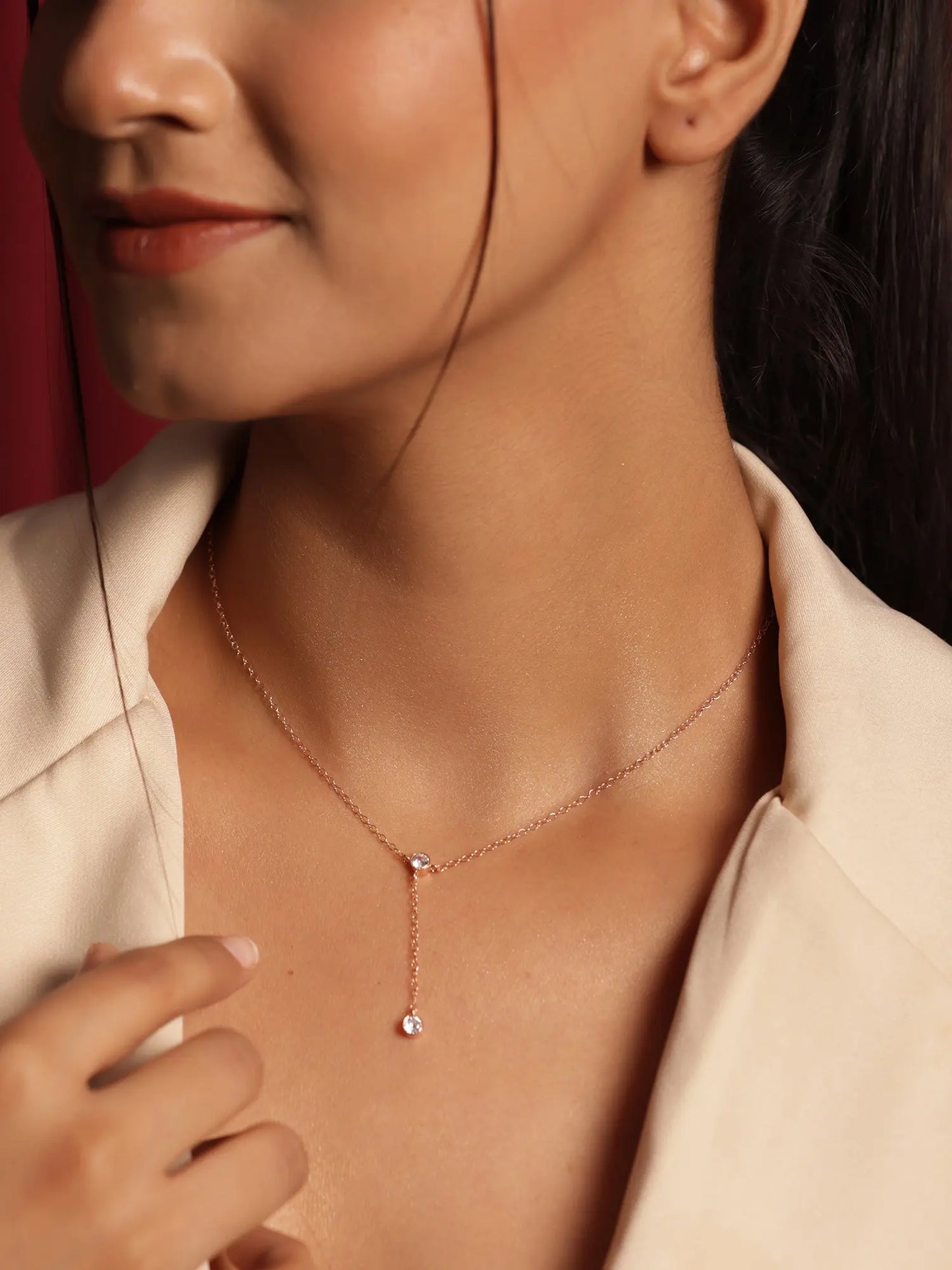 Rose Gold Plated CZ Charm Minimalist Lariat Necklace Jewelry VJewels