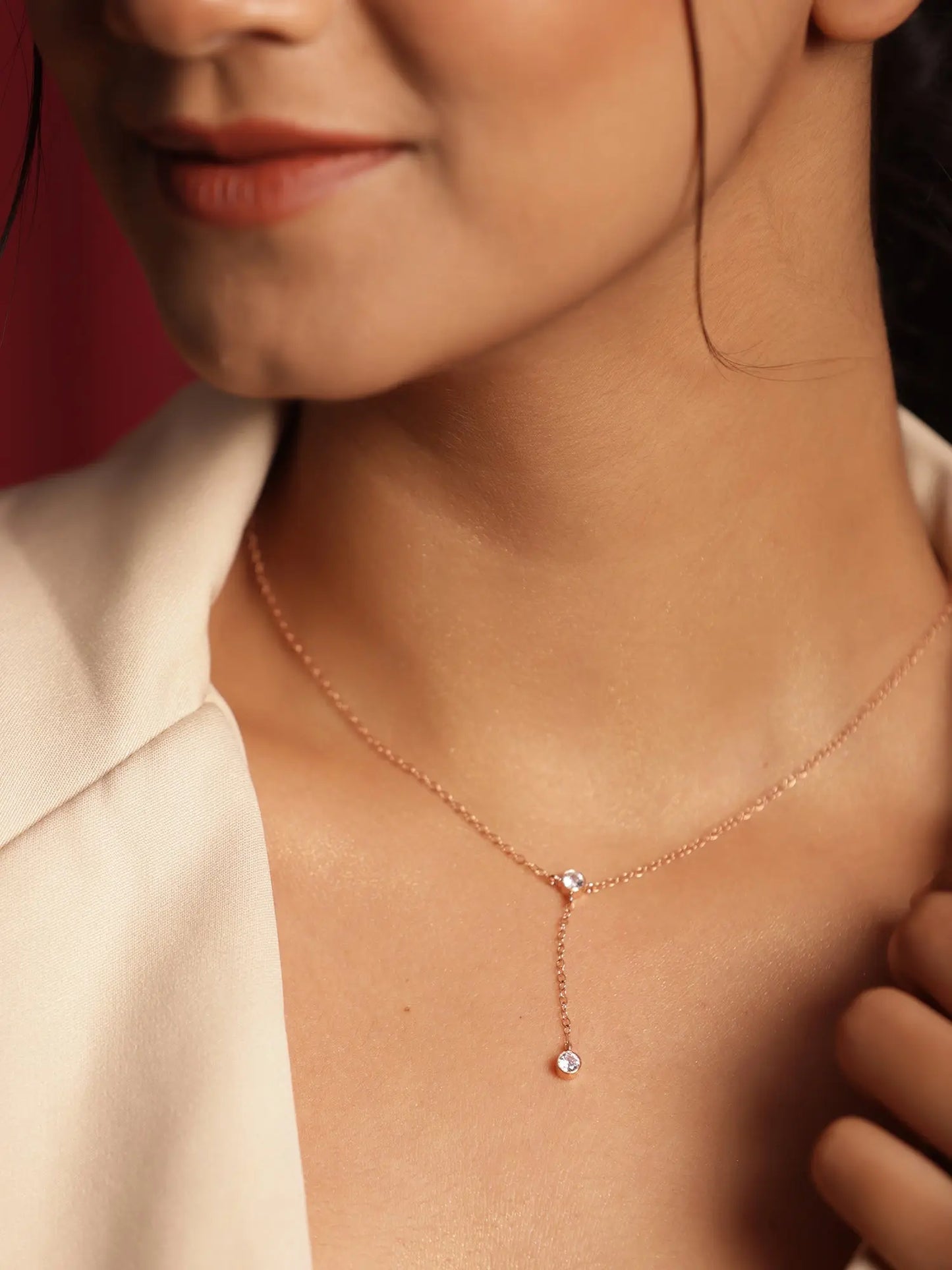 Rose Gold Plated CZ Charm Minimalist Lariat Necklace Jewelry VJewels