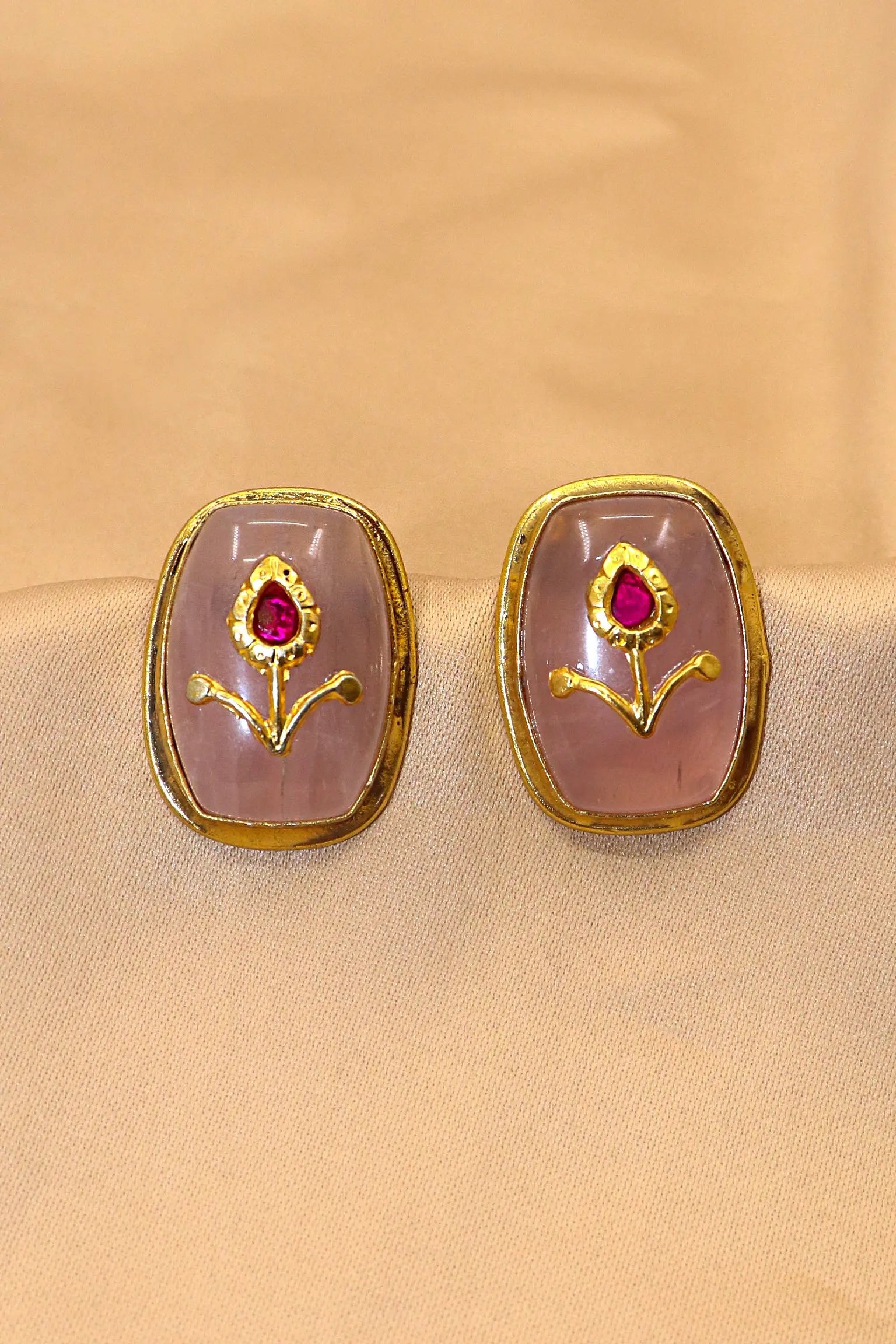 Rose Quartz Gemstone Studs Earring Women Jewelry VJewels