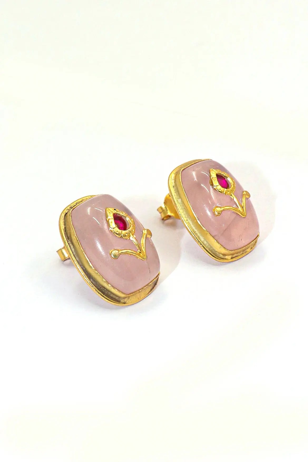 Rose Quartz Gemstone Studs Earring Women Jewelry VJewels