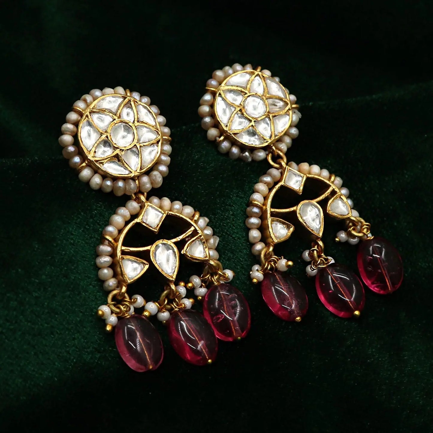 Semi Precious Gemstone with Pearl and Moissanite Gold Plated Earring Jewelry VJewels