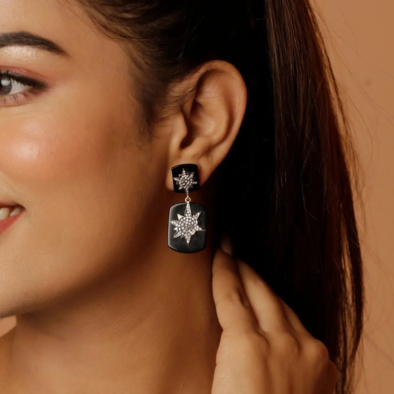 Silver Saanjh Black Onyx with CZ Suds Earrings Jewelry VJewels