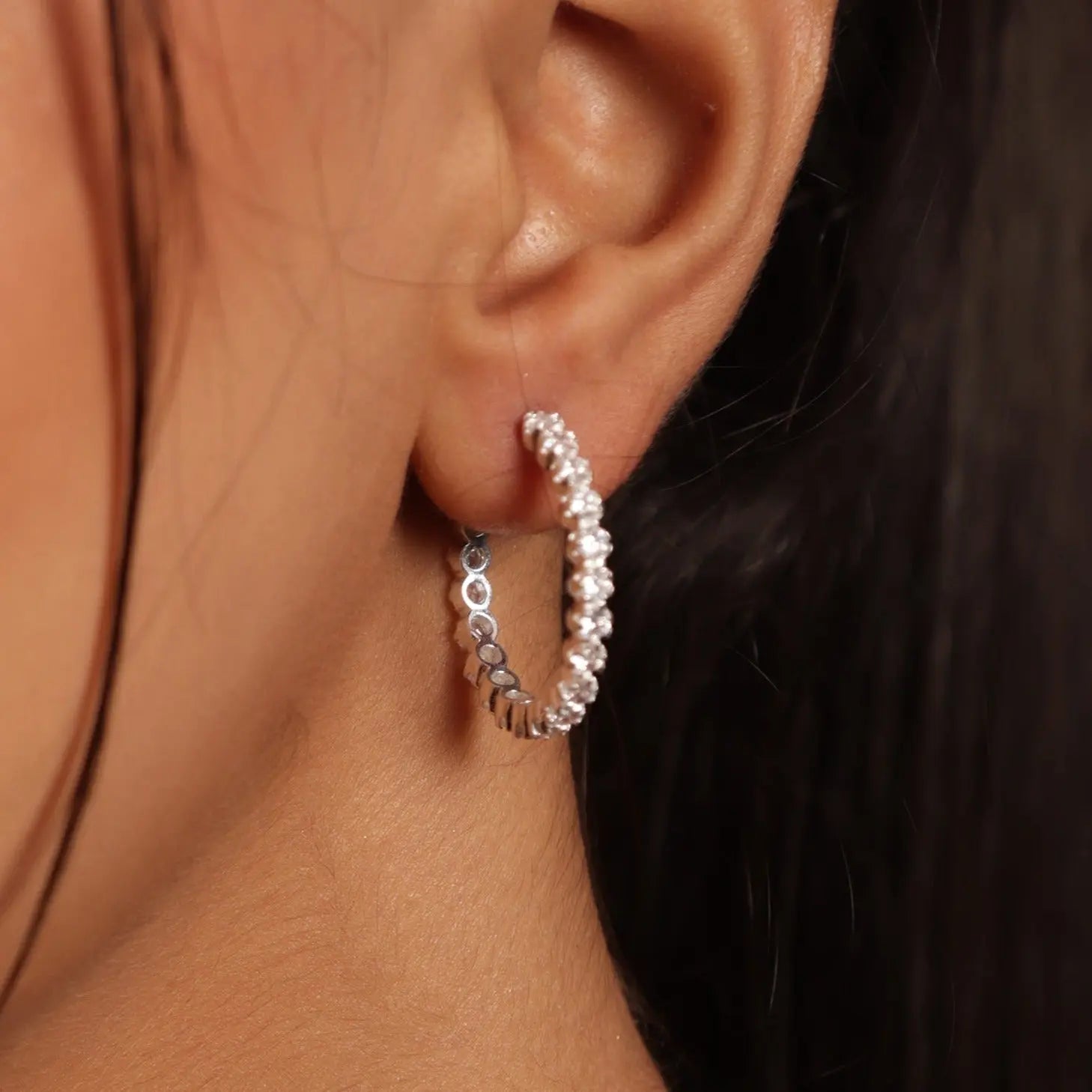 Small Baguette CZ Silver In Out Hoop Earring Jewelry VJewels