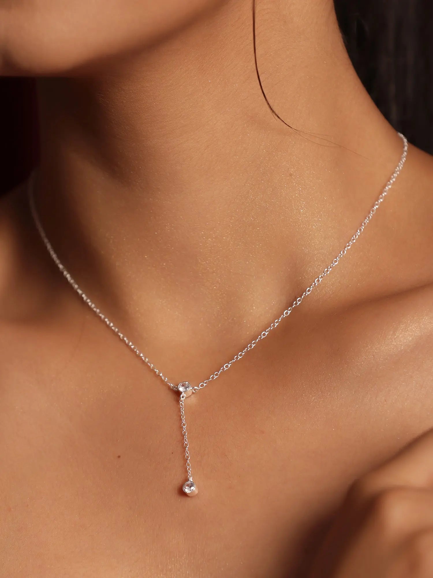 Sterling Silver CZ Charm Minimalist Lariat Necklace VJewels