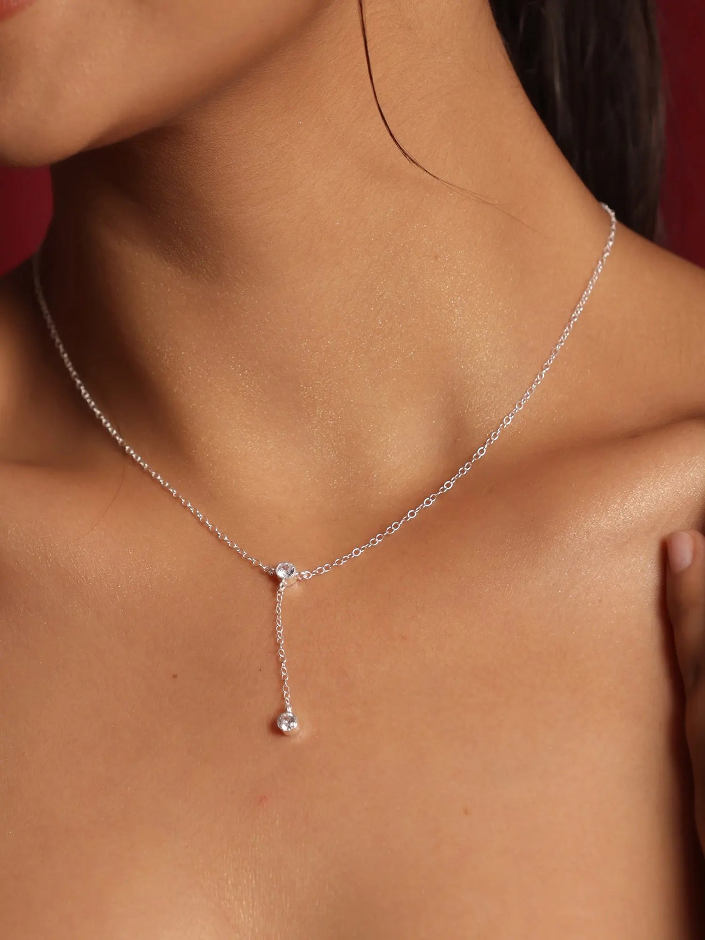 Sterling Silver CZ Charm Minimalist Lariat Necklace VJewels