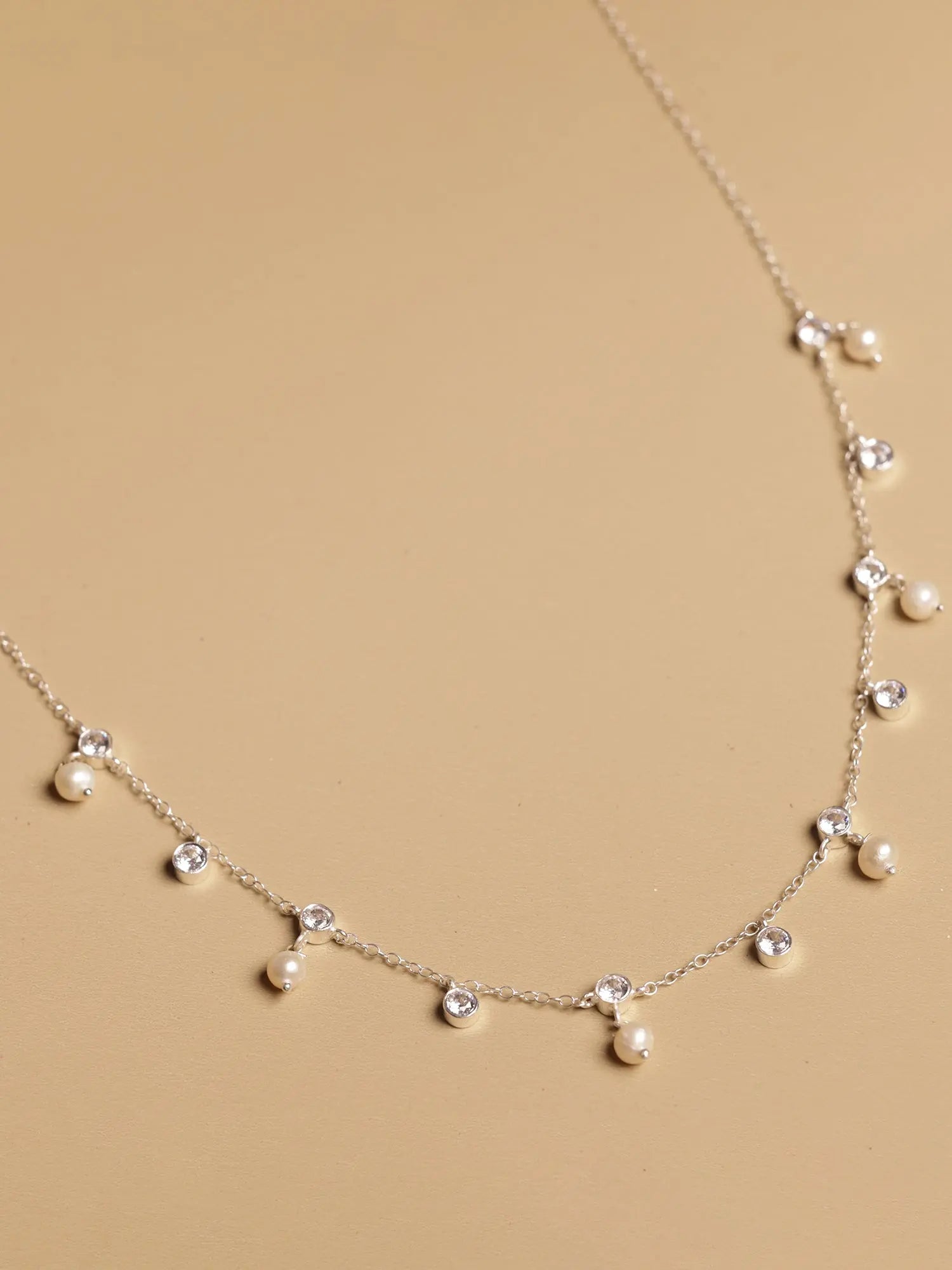 Sterling Silver Minimalist Fresh Pearl & CZ Necklace for Women VJewels