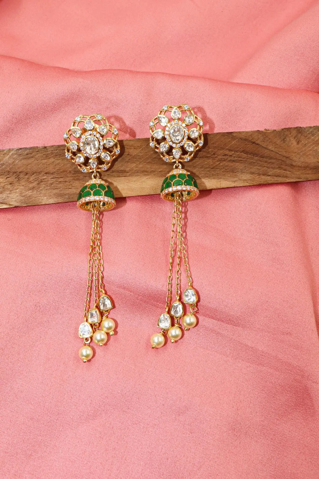 Stylish Gold-Plated Long Earrings with Pearl And Moissanite Gemstone Earring Jewlery VJewels