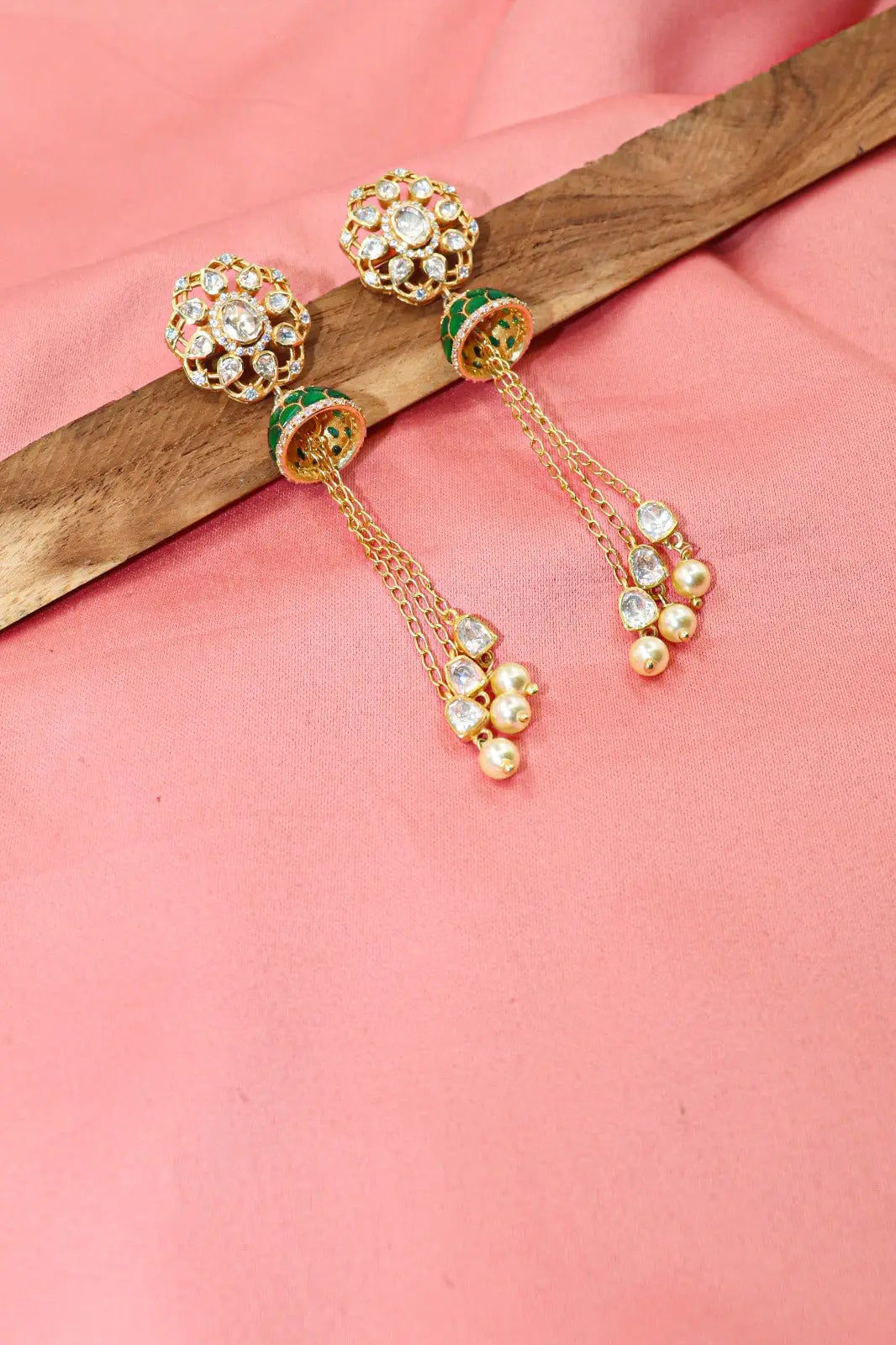 Stylish Gold-Plated Long Earrings with Pearl And Moissanite Gemstone Earring Jewlery VJewels