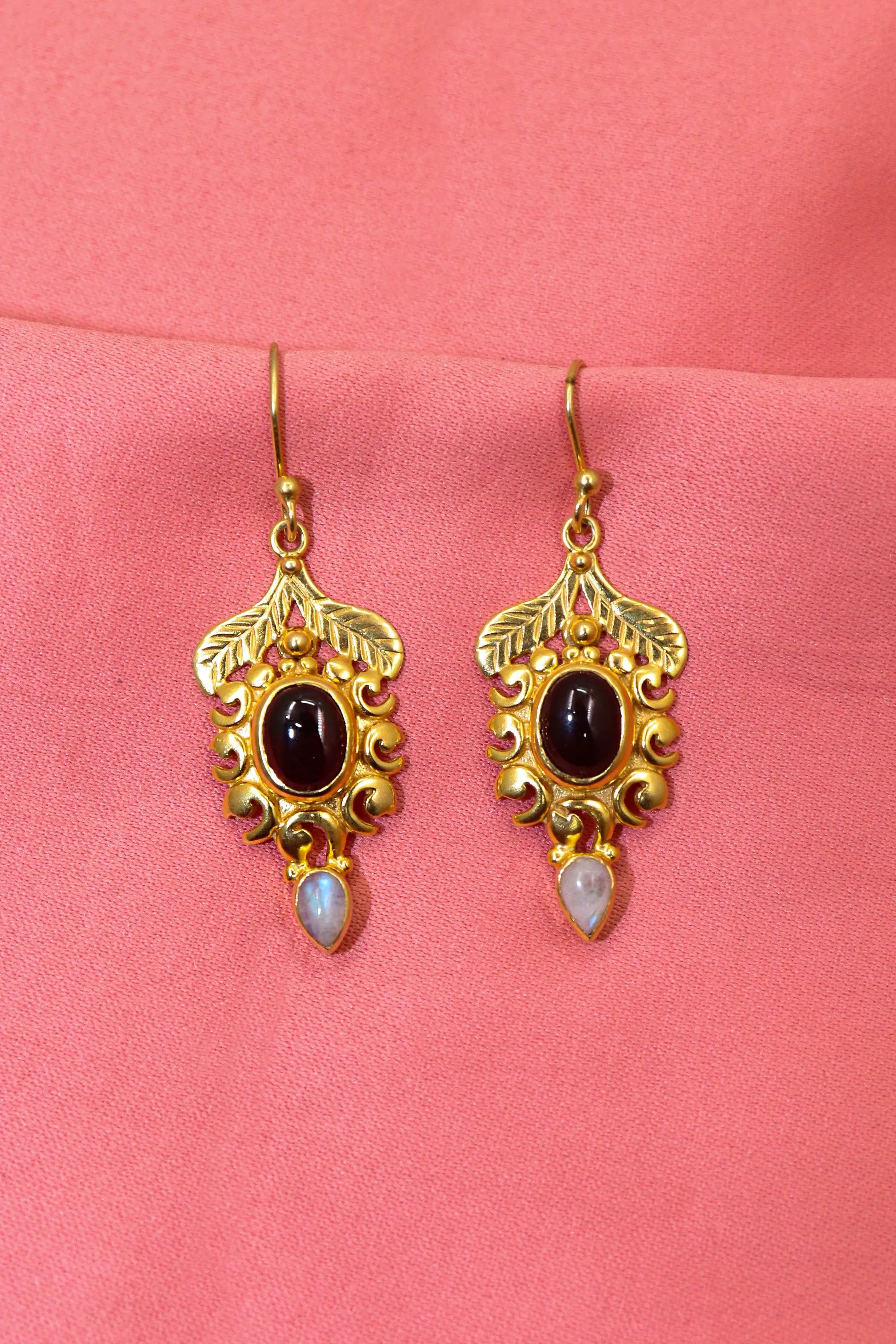 Trending Now Gold Plated Earrings with Moonstone, Garnet Gemstones Earring VJewels