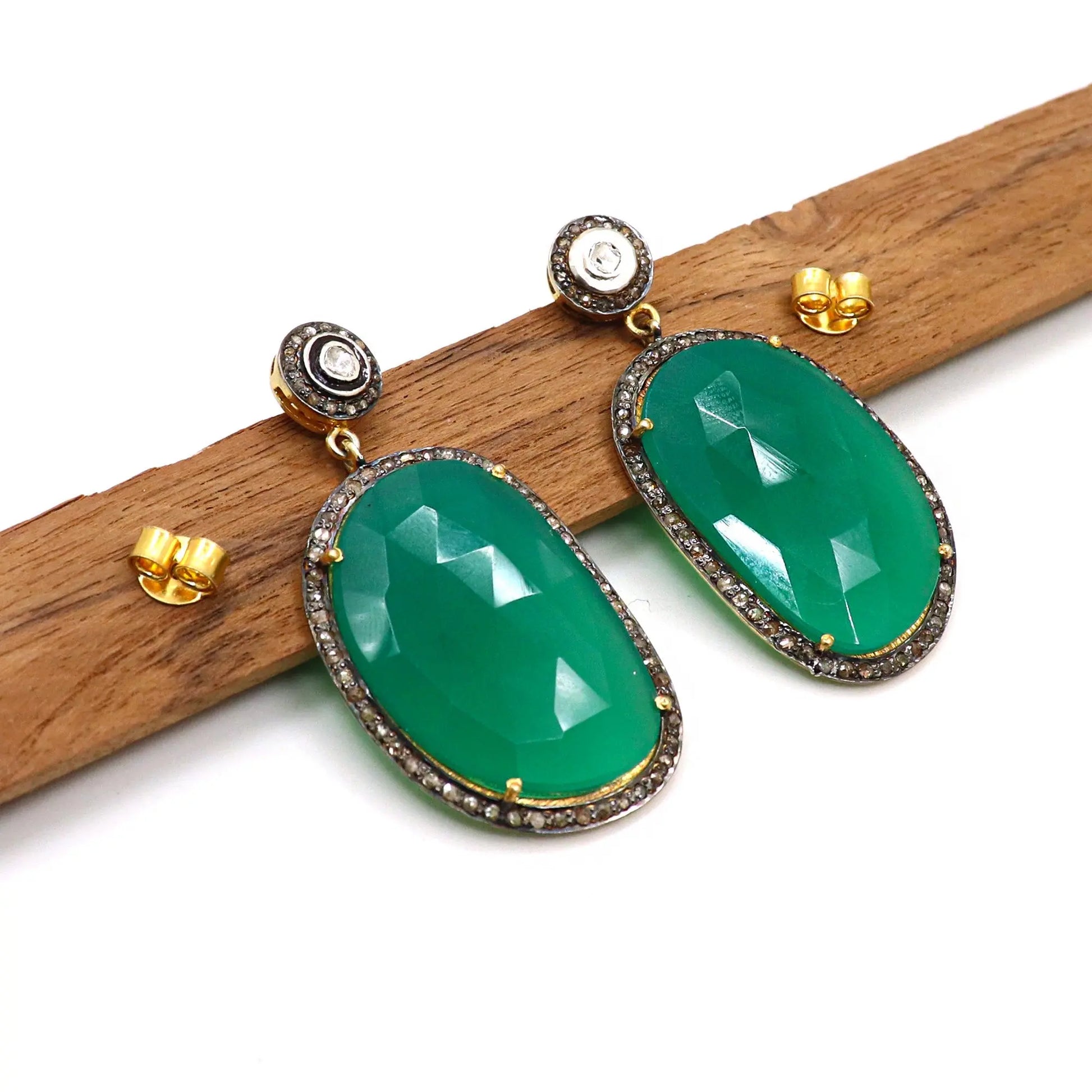 Two Tone Plated Emerald With Uncut Diamond Polki and Diamond Stud Earring Jewelry VJewels