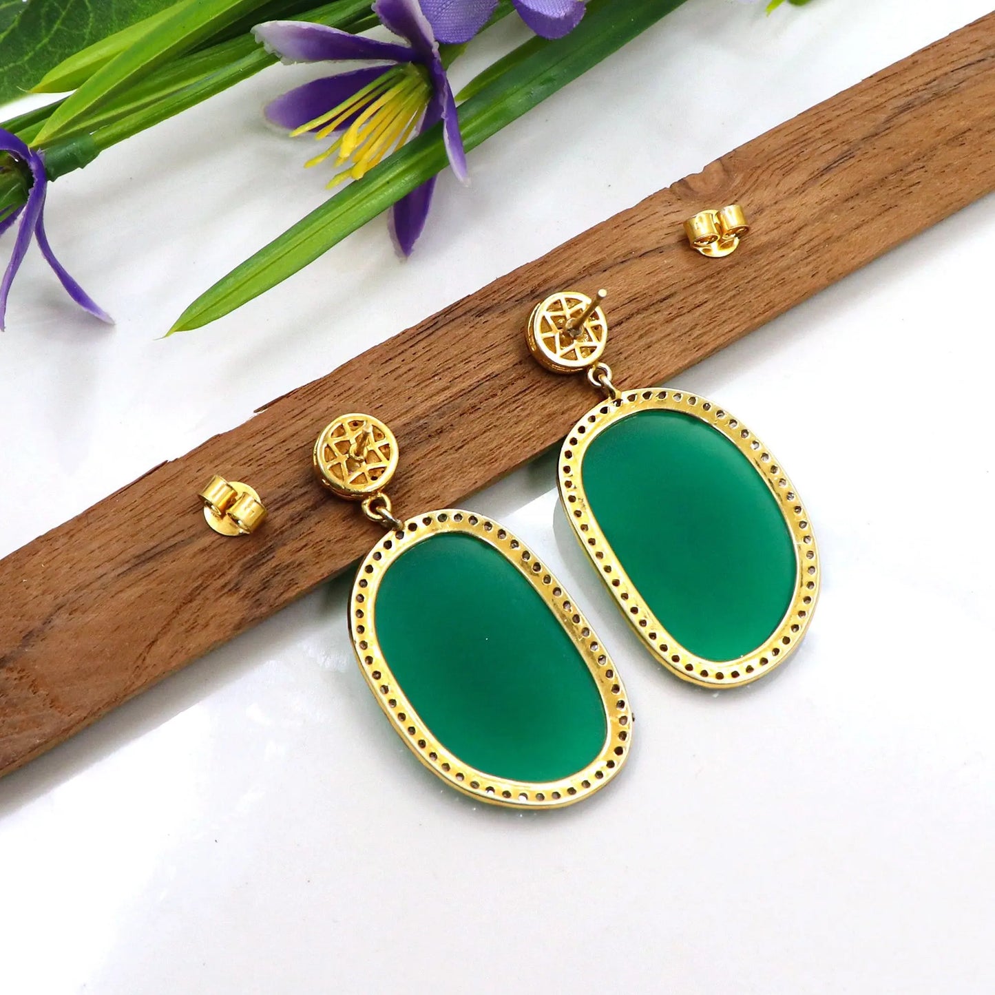 Two Tone Plated Emerald With Uncut Diamond Polki and Diamond Stud Earring Jewelry VJewels