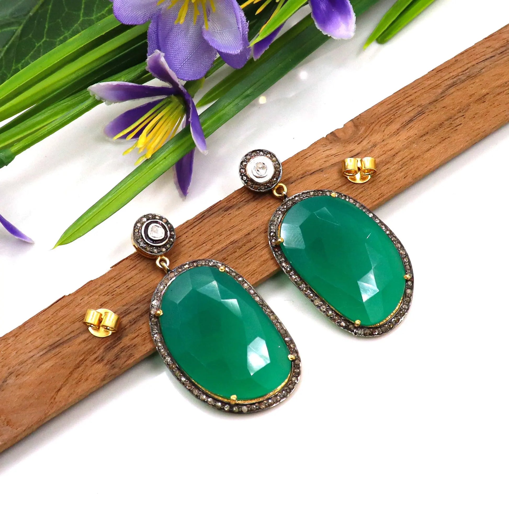 Two Tone Plated Emerald With Uncut Diamond Polki and Diamond Stud Earring Jewelry VJewels