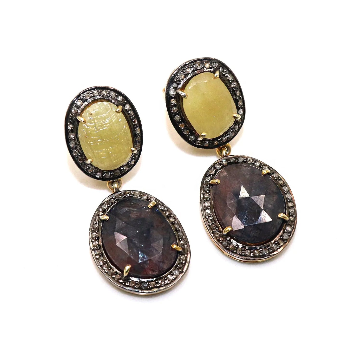 Two Tone Plated Multi Sapphire Gemstone With Diamonds Stud Earring Jewelry VJewels