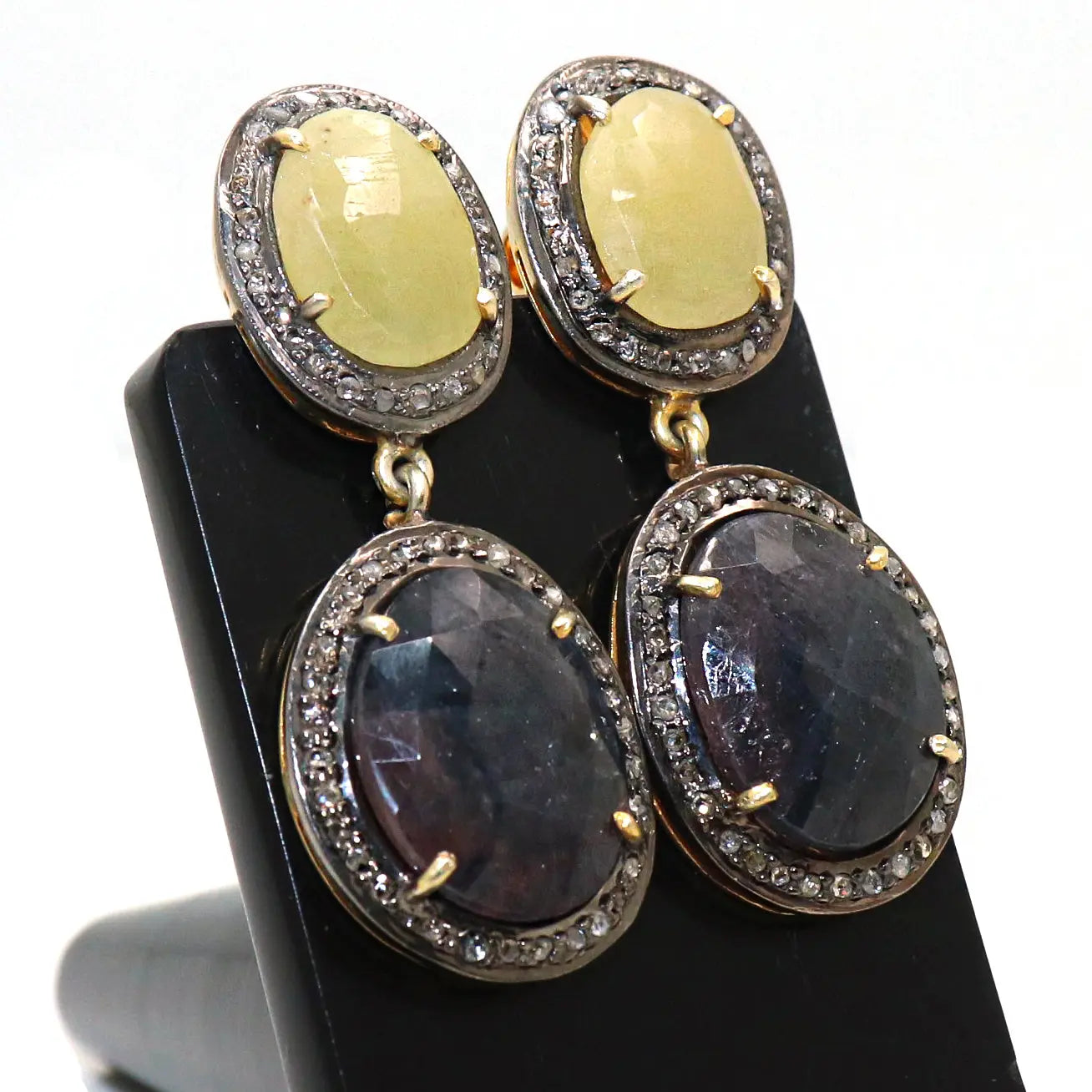 Two Tone Plated Multi Sapphire Gemstone With Diamonds Stud Earring Jewelry VJewels