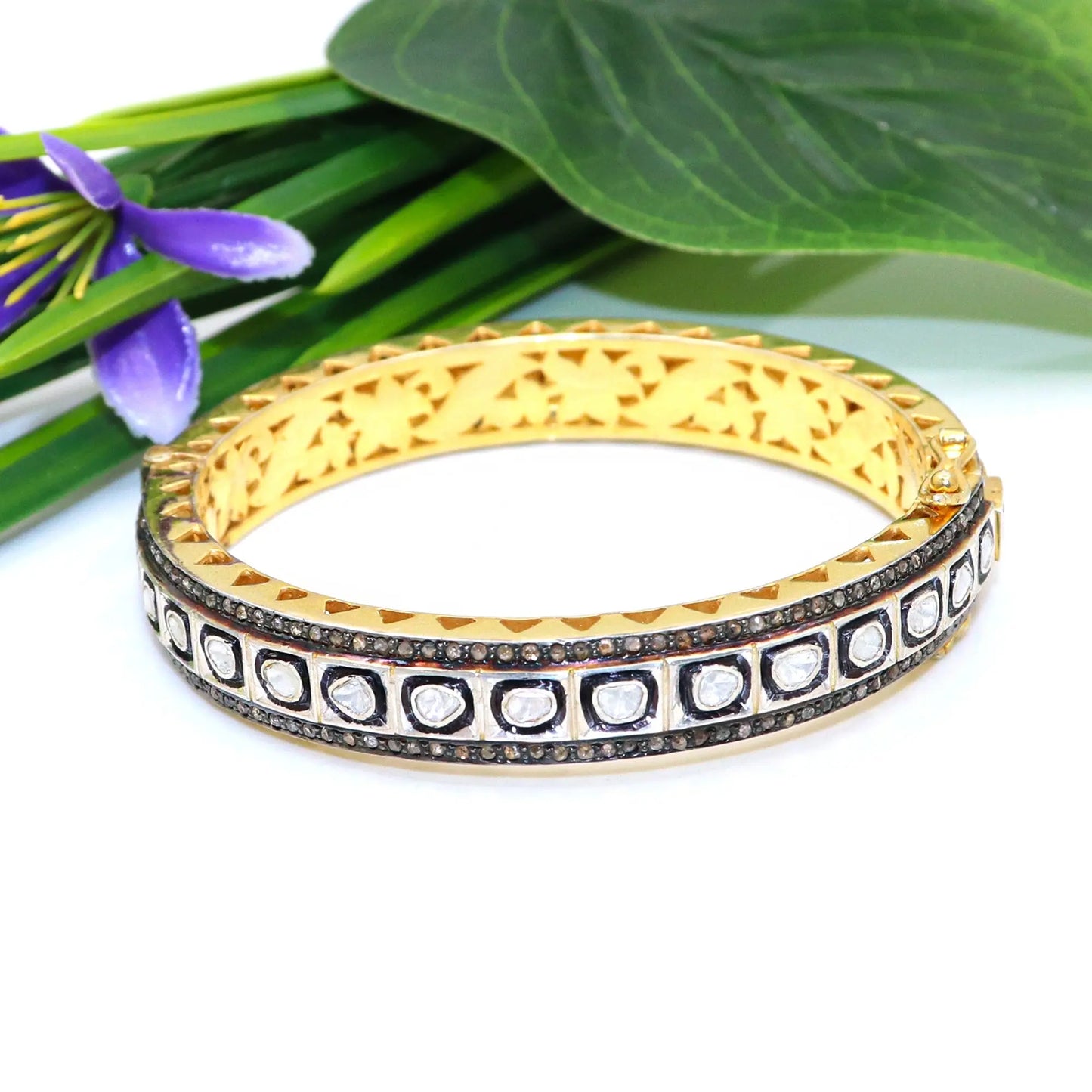 Two Tone Plated Uncut Diamond Polki And Diamond  Bangle Jewelry VJewels