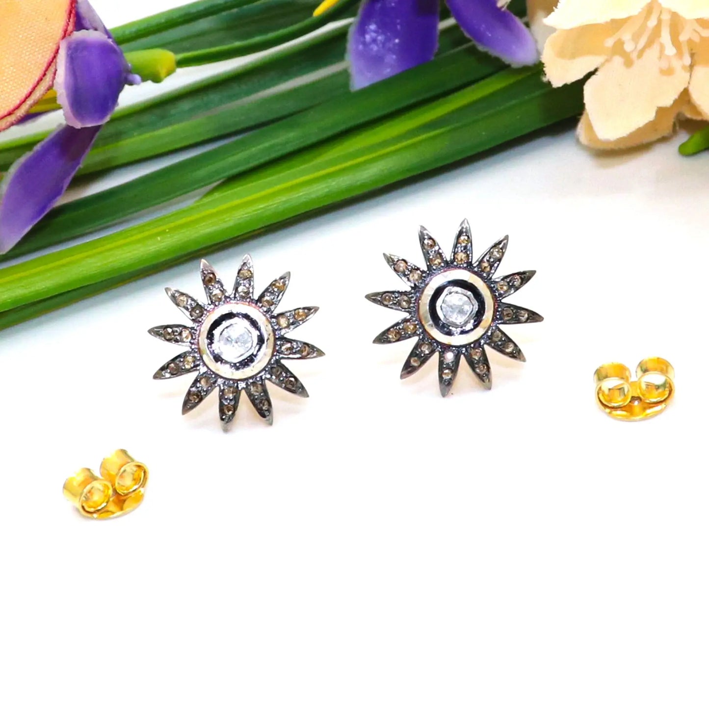 Two Tone Plated Uncut Diamond Polki With Diamond Stud Flower Design Earring jewelry VJewels