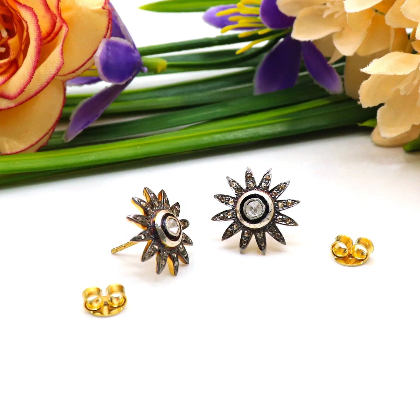 Two Tone Plated Uncut Diamond Polki With Diamond Stud Flower Design Earring jewelry VJewels