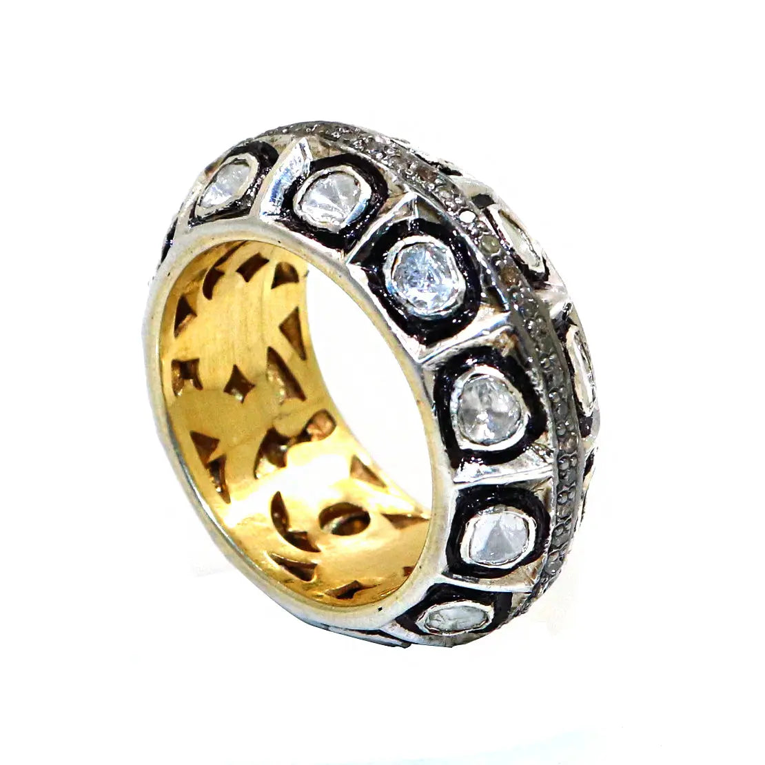 Uncut Diamond Polki And Diamond Two Tone Ring Jewelry VJewels