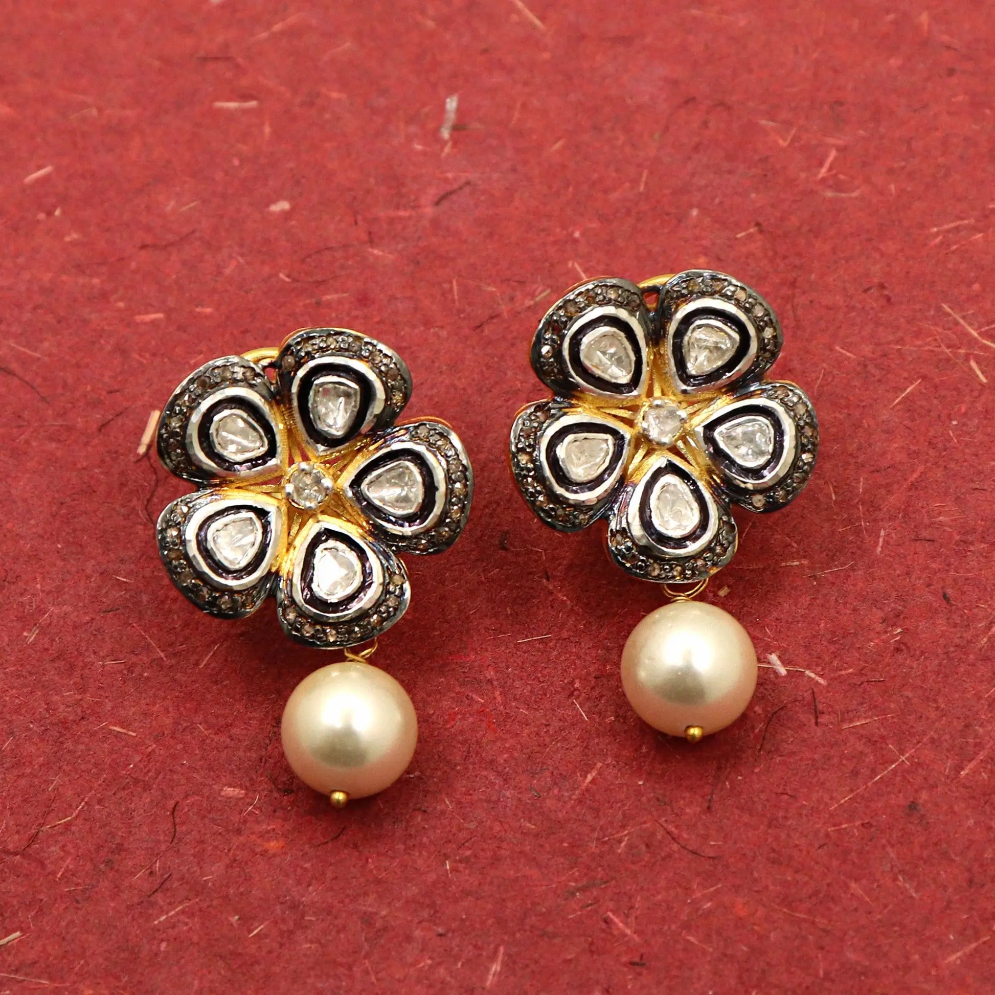 Uncut Diamond Polki With Diamond And Pearl Stud Earring Jewelry VJewels