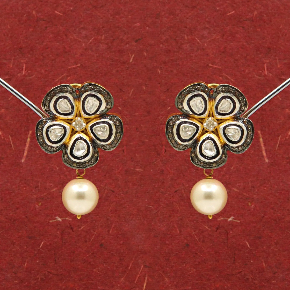Uncut Diamond Polki With Diamond And Pearl Stud Earring Jewelry VJewels