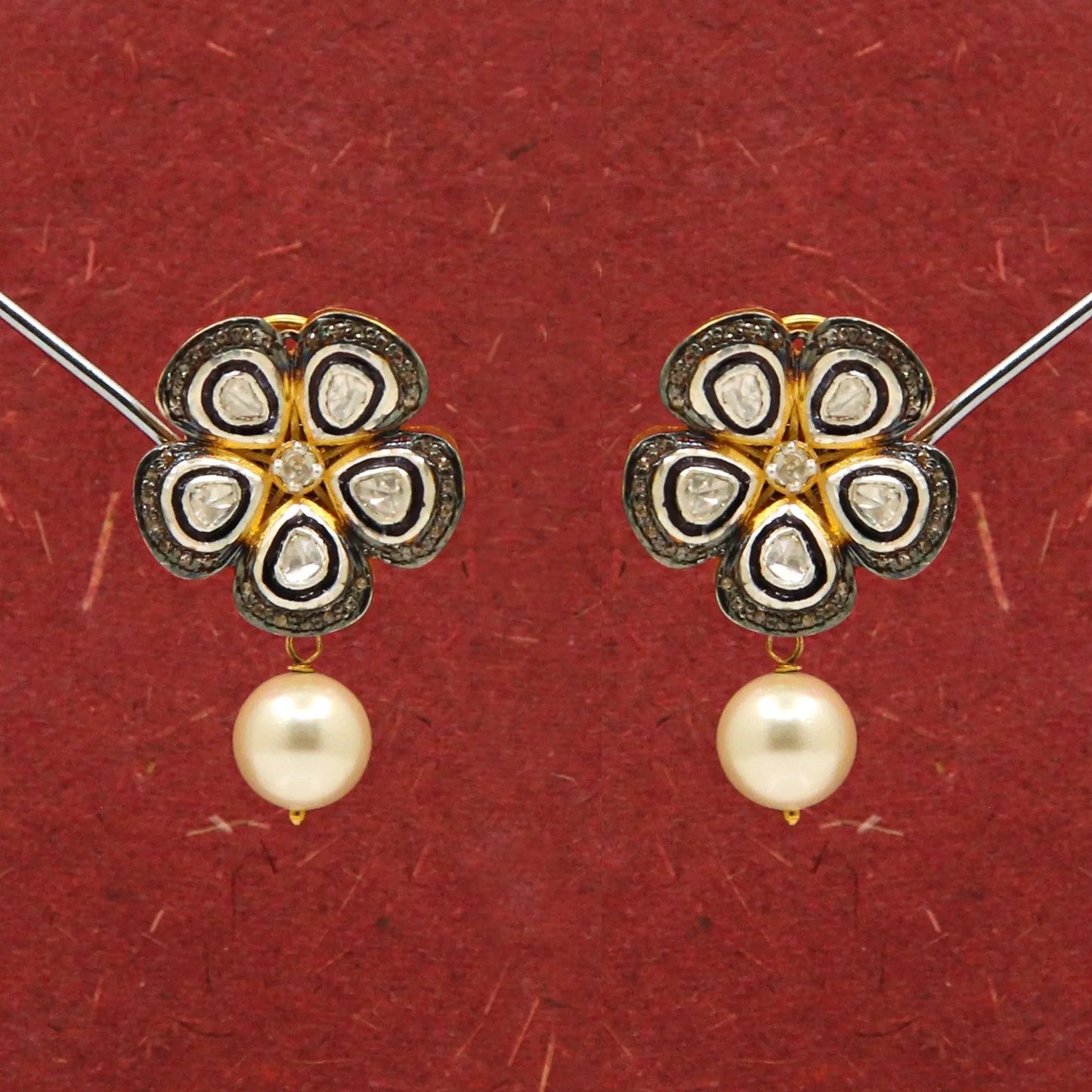 Uncut Diamond Polki With Diamond And Pearl Stud Earring Jewelry VJewels