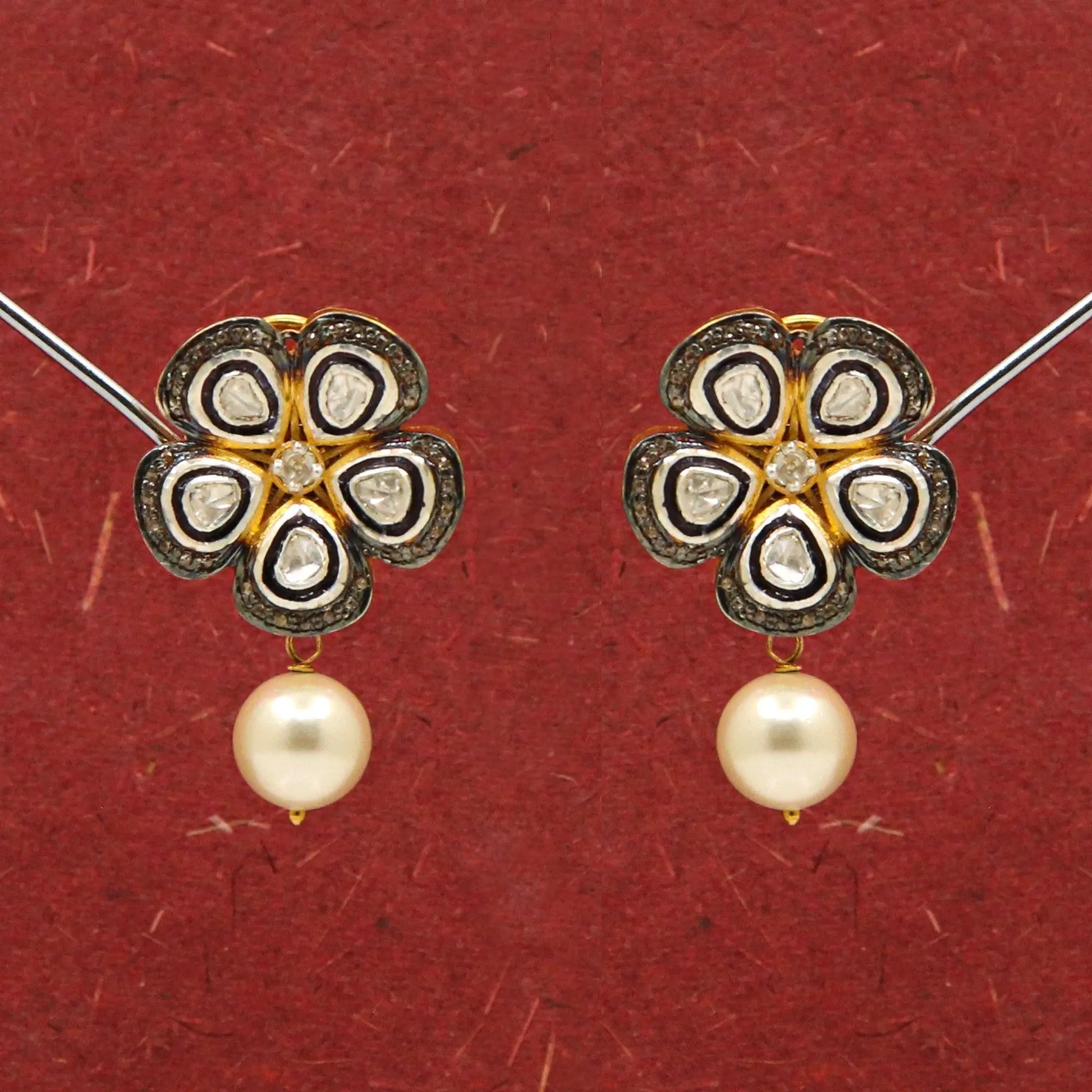 Uncut Diamond Polki With Diamond And Pearl Stud Earring Jewelry VJewels