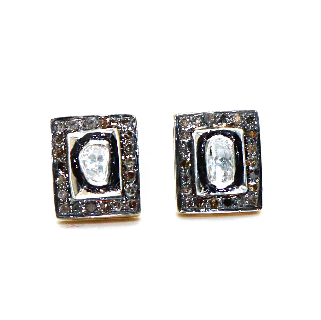 Uncut Diamond Polki With Diamond Stud Two Tone Plated Earring Jewelry VJewels