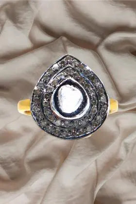 Uncut Diamond Polki with Diamond Vintage Era Two Tone Ring Jewelry VJewels