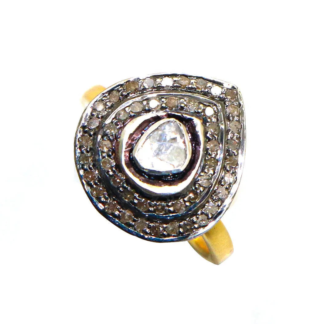 Uncut Diamond Polki with Diamond Vintage Era Two Tone Ring Jewelry VJewels