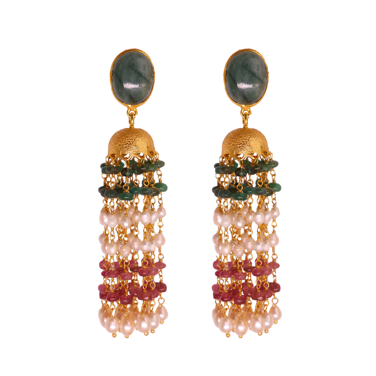 Emerald & Pink Tourmaline Royal Pearl Long Earring