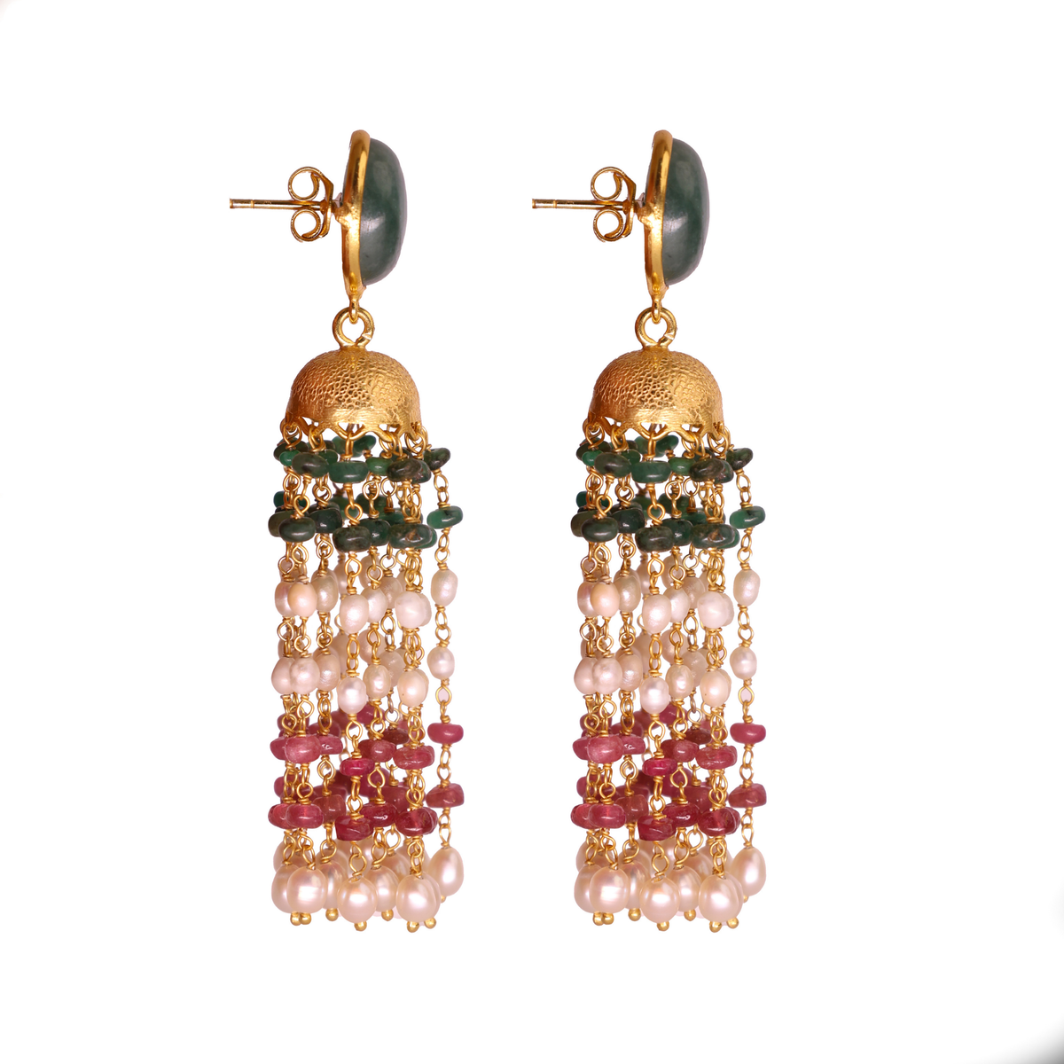 Emerald & Pink Tourmaline Royal Pearl Long Earring