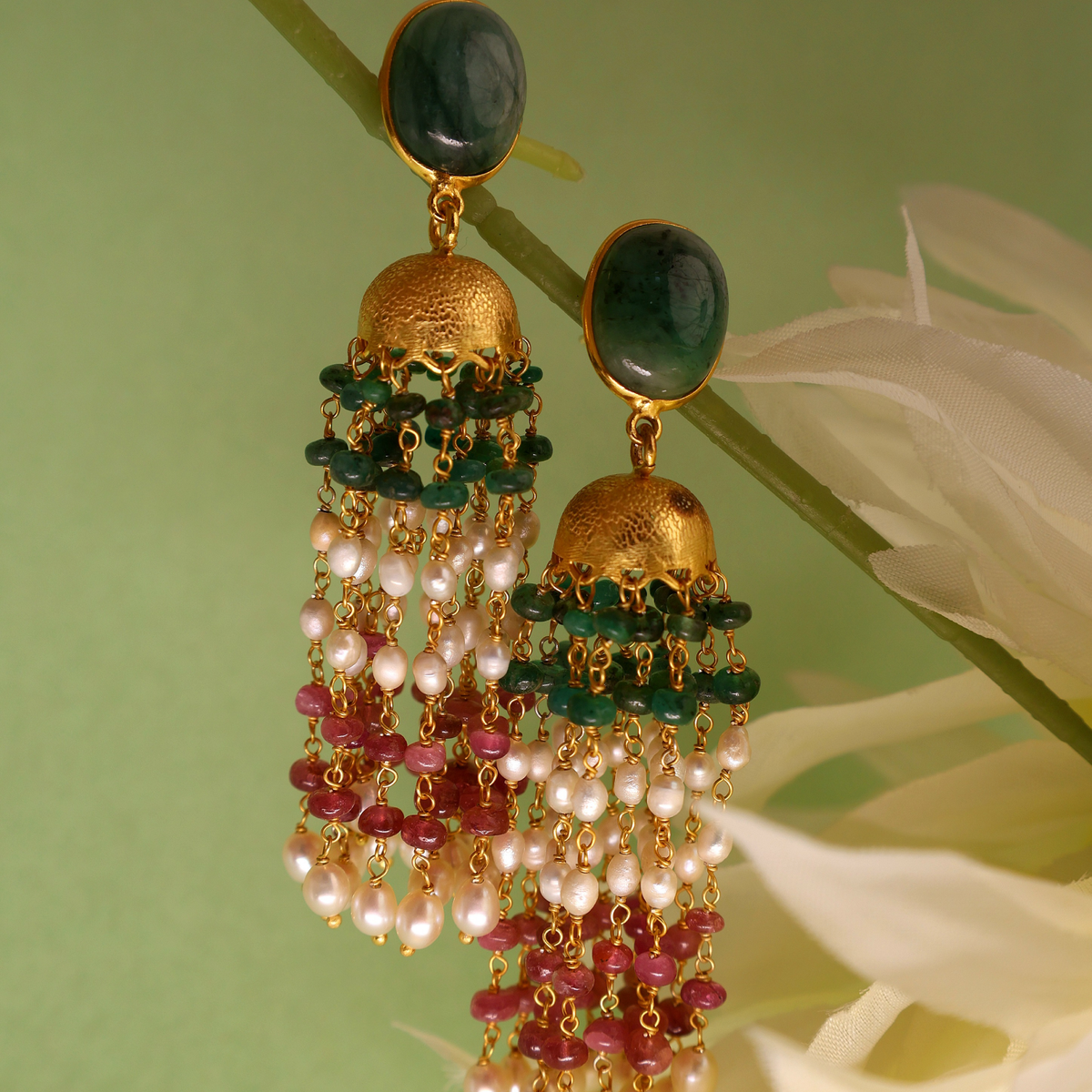 Emerald & Pink Tourmaline Royal Pearl Long Earring