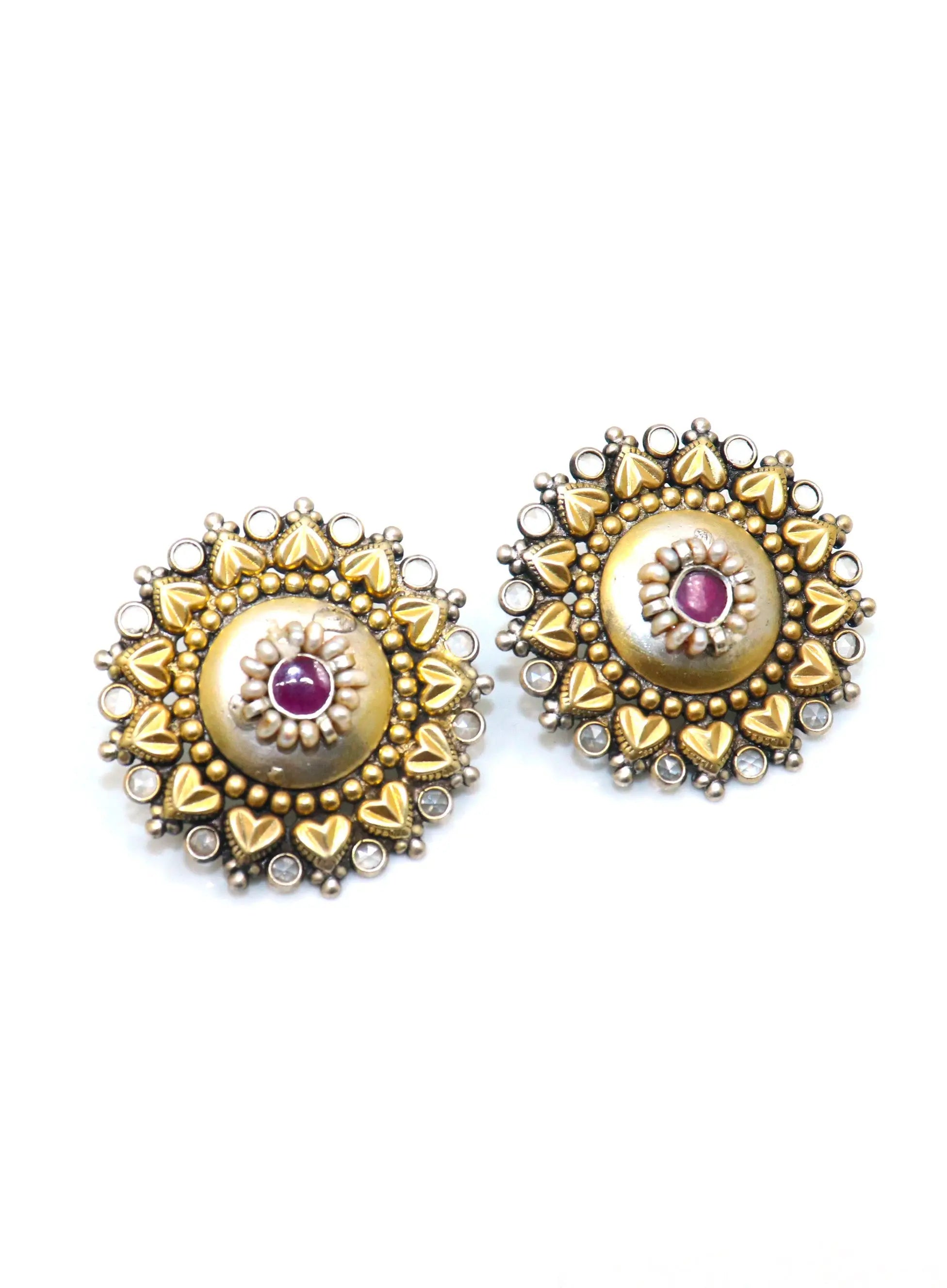 Gold Plated Enamel Stud Flower Shape Designer Earring Jewelry - VJewels