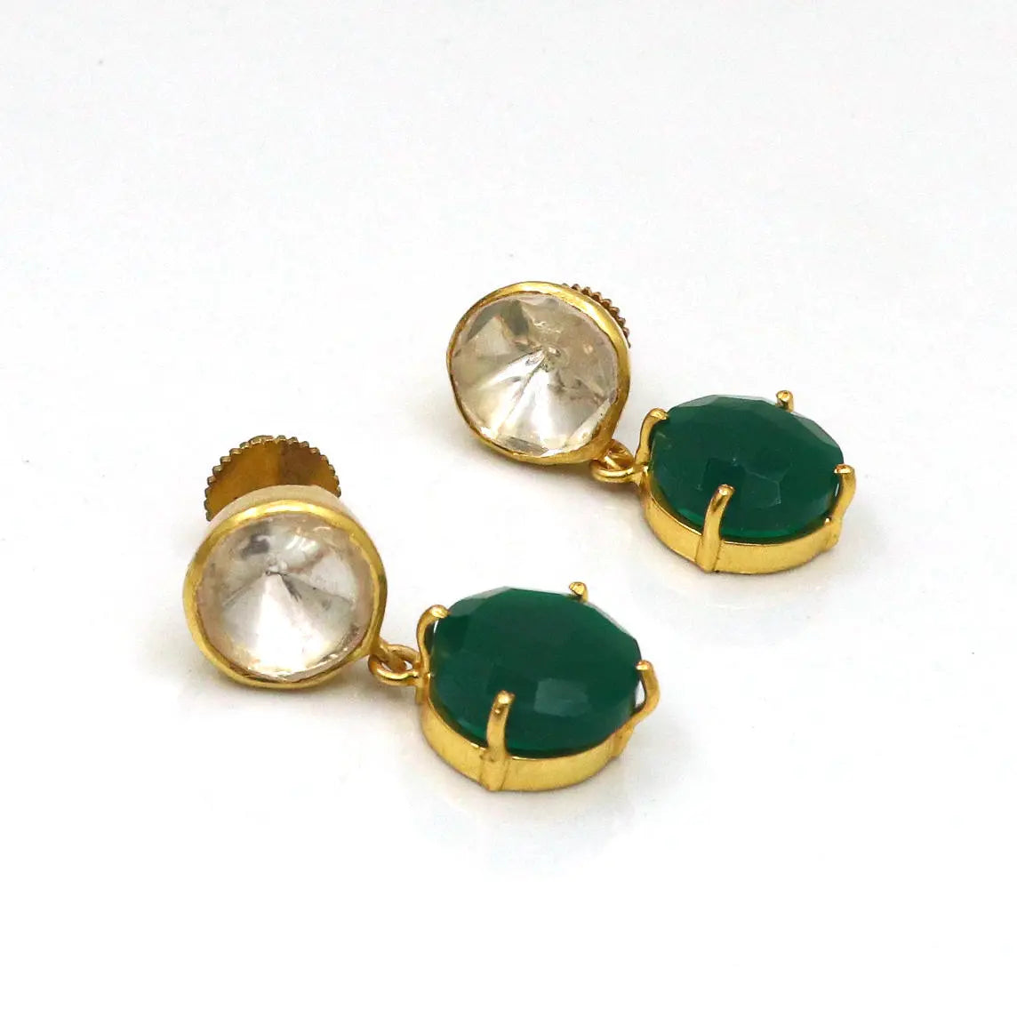 Green Onyx and Moissanite Gemstone Gold Plated Stud Earring - VJewels