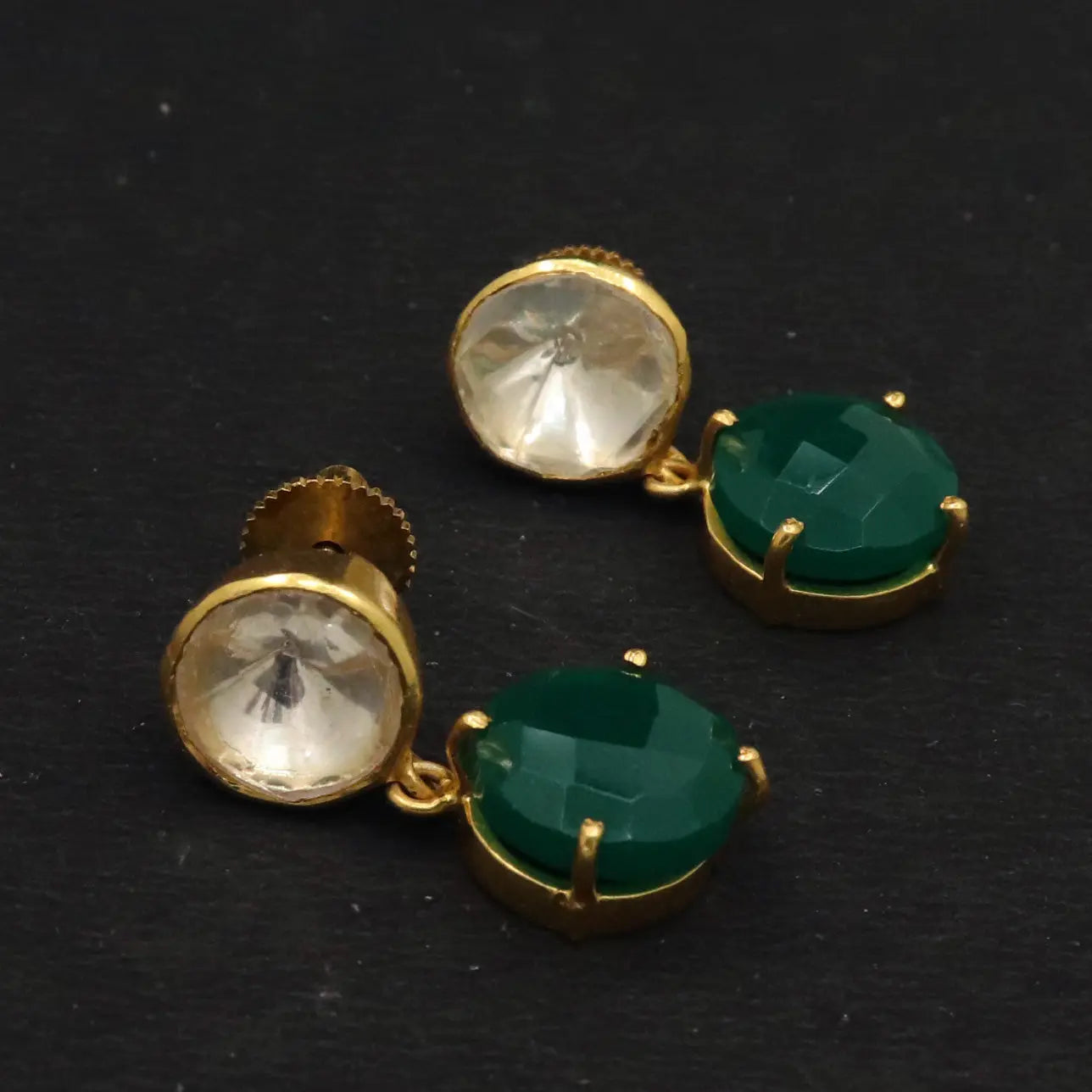 Green Onyx and Moissanite Gemstone Gold Plated Stud Earring - VJewels