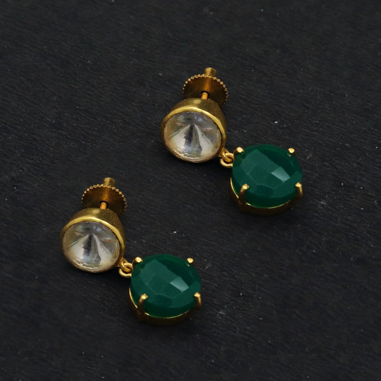 Green Onyx and Moissanite Gemstone Gold Plated Stud Earring - VJewels