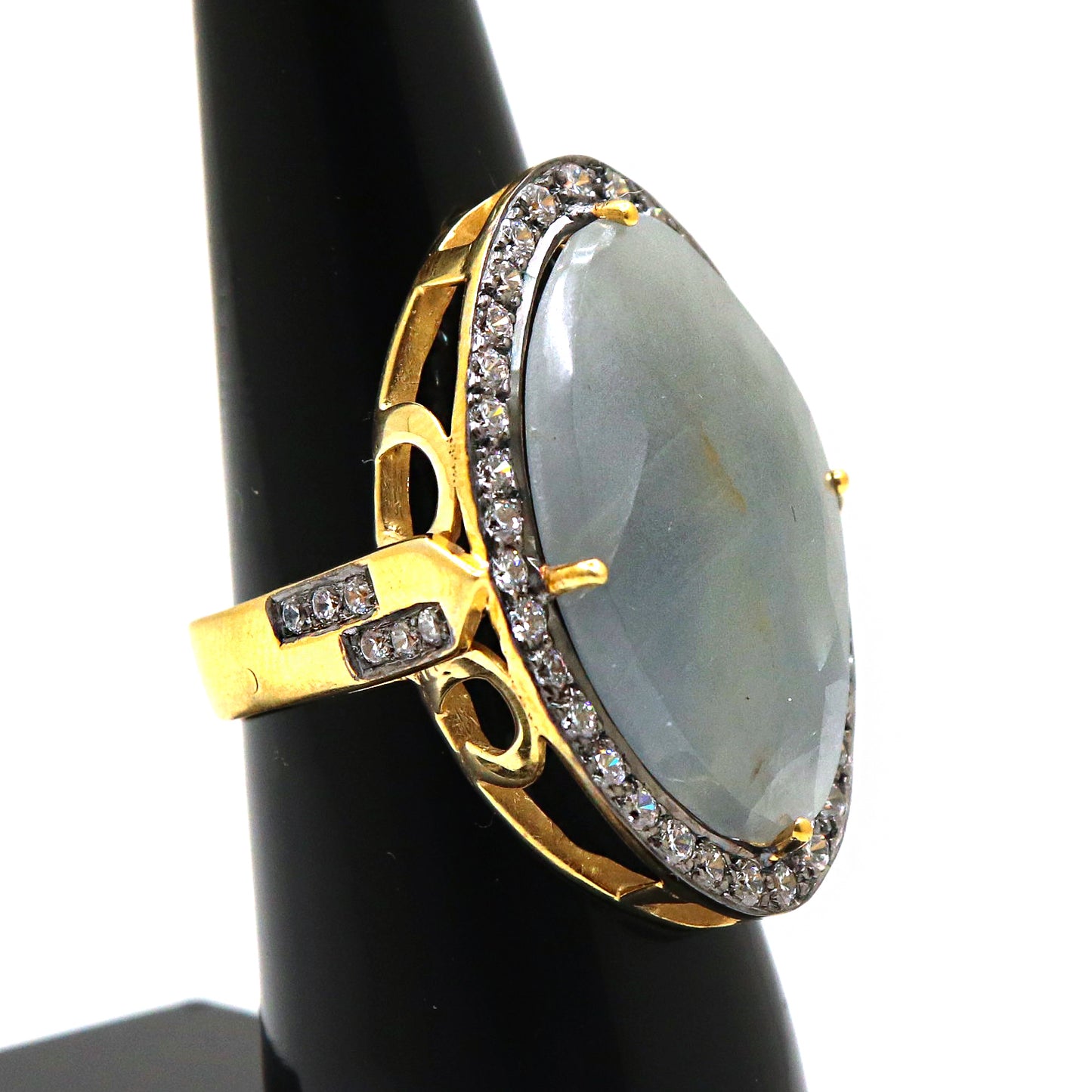 Dazzling Sapphire Talpe Gemstone with CZ Two Tone Ring for Party Glam