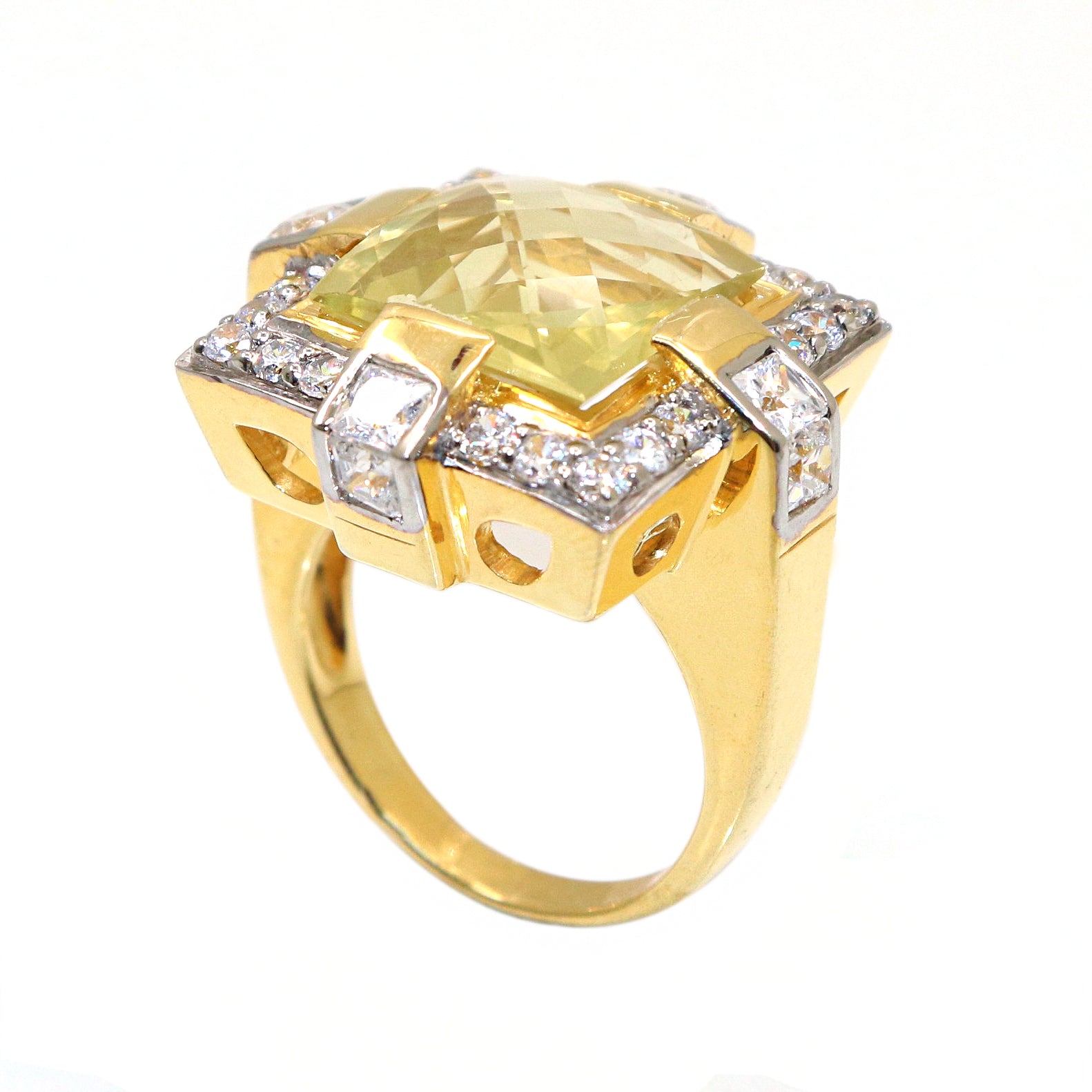 Gold-Plated Lemon quartz Gemstone with CZ Ring  A Statement Piece Jewelry