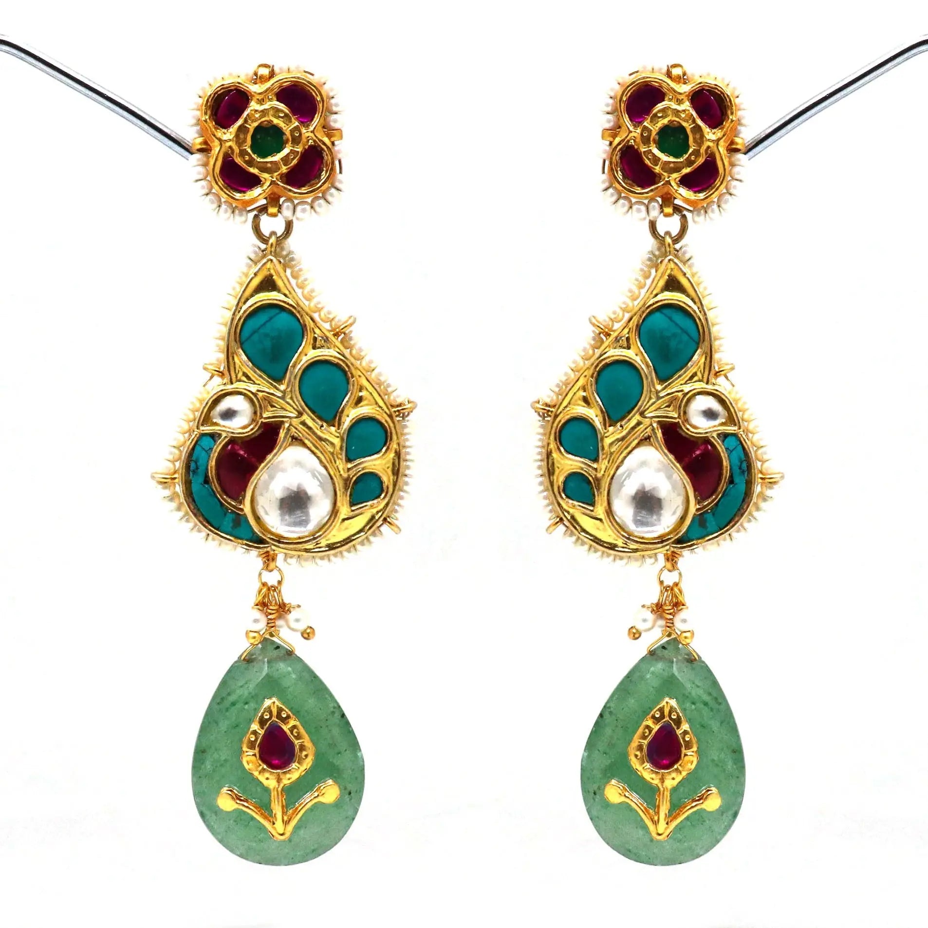 Gold Plated Pearl, Moissanite, Turquoise And Enamel Traditional Earring Jewelry VJewels