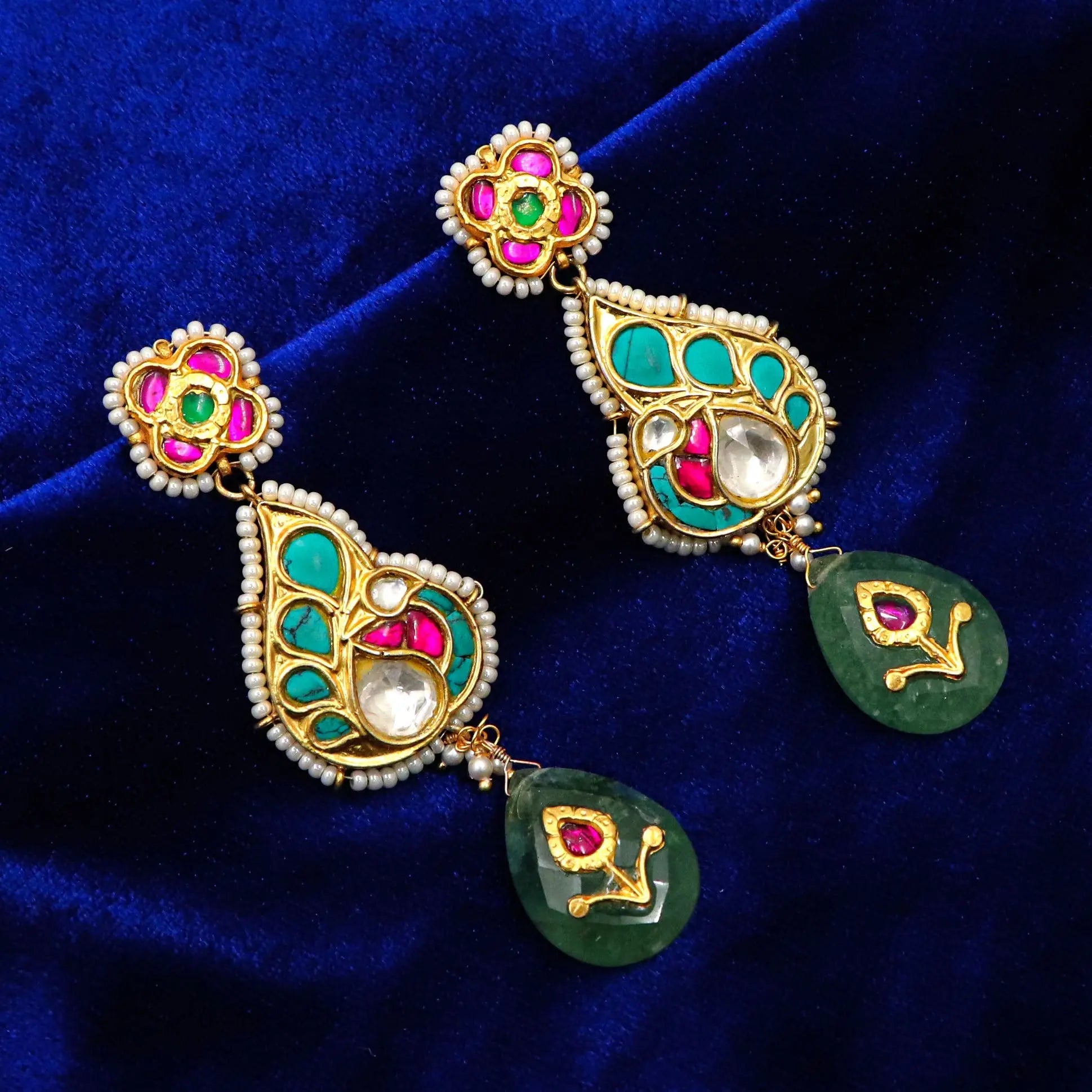 Gold Plated Pearl, Moissanite, Turquoise And Enamel Traditional Earring Jewelry VJewels