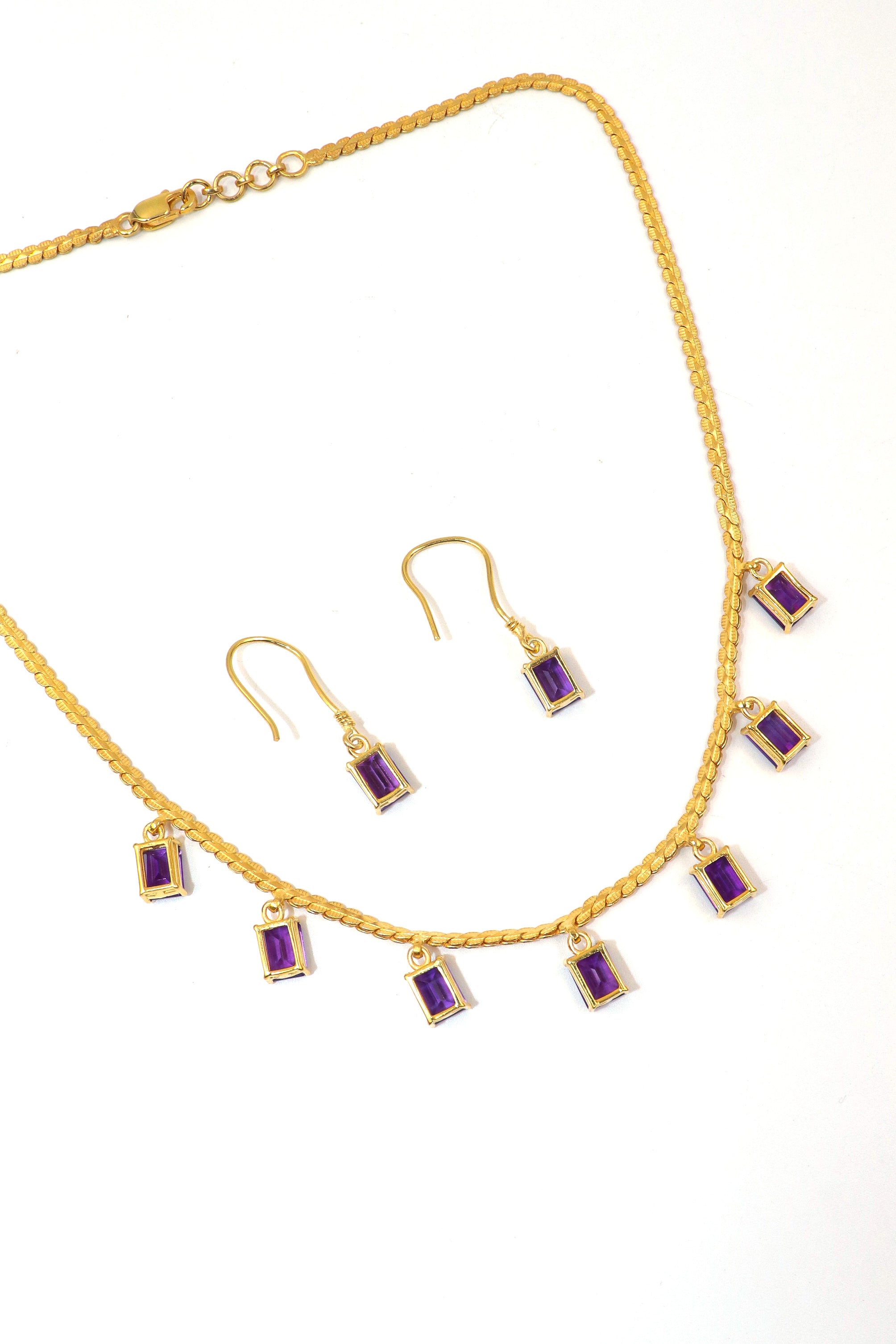 Purple Amethyst Gemstone With Gold Plated Chain And Earring Set Necklace Jewelry