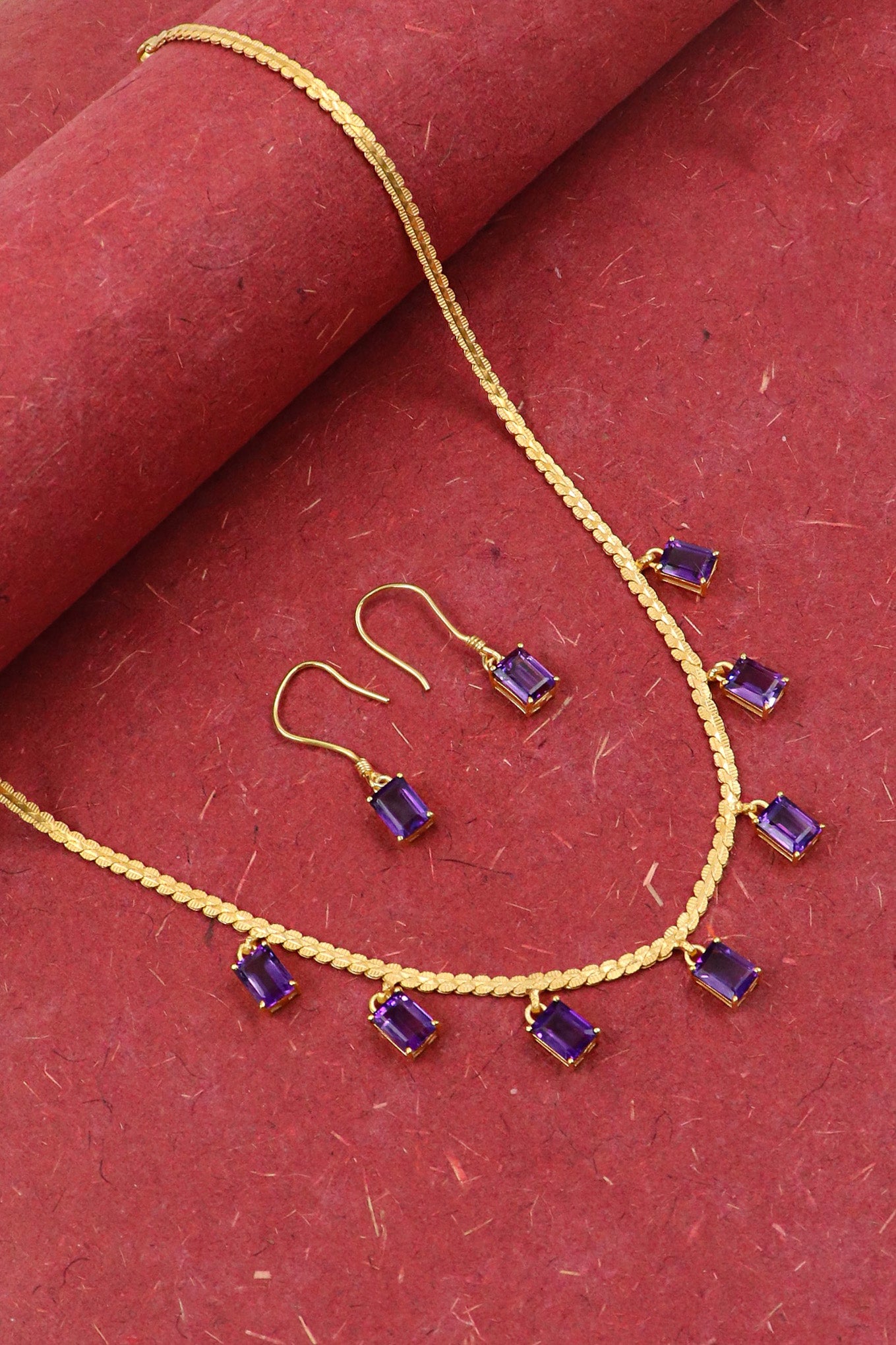 Purple Amethyst Gemstone With Gold Plated Chain And Earring Set Necklace Jewelry